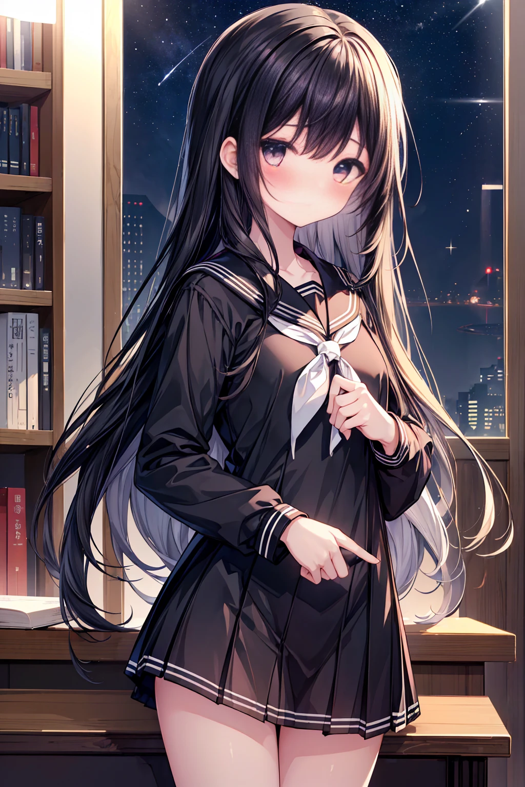 masterpiece, best quality, extremely detailed, (illustration, official art: 1.1), 1 girl, ,black long hair,  18 years old, long hair ((blush)), masterpiece, best quality, (((a very delicate and beautiful girl)))), amazing, beautiful detailed eyes, blunt bangs , tareme, (true beautiful: 1.2), sense of depth, dynamic angle,,,, (true beautiful: 1.2),(black sailor suit、serafuku:1.4)、thin and long legasterpiece, best quality, extremely detailed, absurdres),No expression, mature,Shy girl (blushing),almond eye、brown eyes、gradation eye、 , middle breasts, beautiful jpn-girl, (best quality: 1.2) solo, cinematic light,  perfect lighting,embarrassed, (((Wide Open Eyes))),{black sailor suit},{white ribbon},{black traight hair
in library, sense of depth, dynamic angle,,,, (true beautiful: 1.2),("Black sailor suit", long sleeved:1.3)、,white neckerchief、
indoor,(book shelfs, blue moon, starry sky, blue night, abstract background, magic books, light particles, stars, sparkling effects, childbook),surprised face
  , shy
