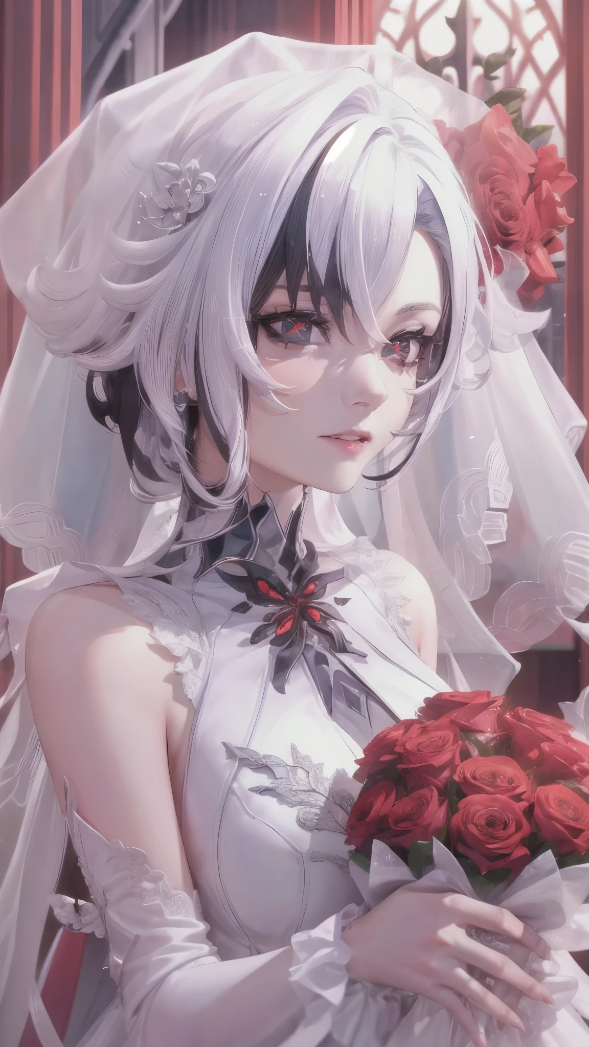 UHD, ccurate, masterpiece, anatomically correct, textured skin, super detail, best quality, 16k, 1080P,SOLO,(1 Female,perfect body, white short hair,light smile),(blue eyes:1.7)(red x-shaped pupils:1.7),(wearing A white wedding dress:1.7)(Wearing a white veil), (Holding a bouquet with hands:1.7),(Close-up),(Upper focus), (in church),(Genshin Impact/Arlecchino)
