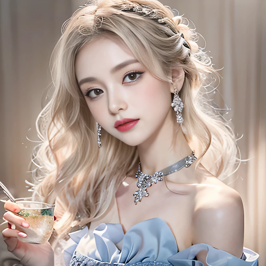 8k)、(best image quality:1.5)、gray background、close up of face、1girl、masterpiece、delicate and sharp eyes、brown eyes、eye power、delicate face、cup、attractive face、platinum blonde hair、Semi-long wave、ライトBlue Wedding Dresses、Blue Wedding Dresses、I can see the collarbone、gal、Emphasis on the clavicle、earrings、necklace