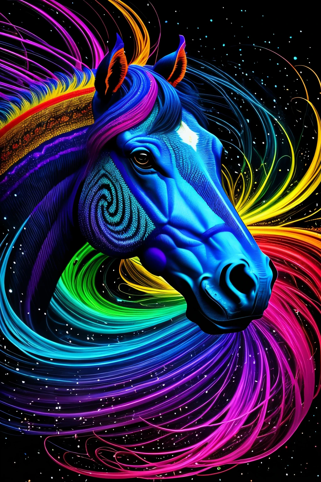 A psychedelic artwork featuring a mesmerizing scene of galloping horses, Swirling patterns of vibrant colors and abstract shapes, horses with detailed textures and glossy coats reflecting the brilliant hues, realistic and surreal, Ultra-HD, 8K resolution, capturing the essence of freedom and energy, horses' eyes filled with a mystical glow, sky adorned with a kaleidoscopic riot of colors, a breathtaking display of artistry and creativity.
