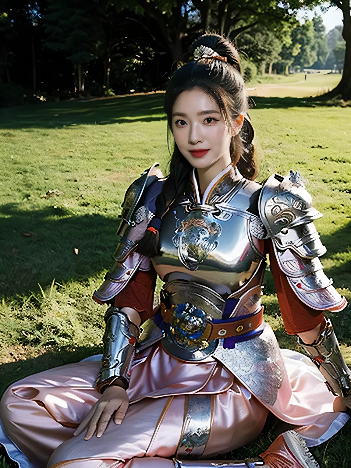 masterpiece,Best quality,HD quality,face close-up,A high resolution,8K,Ancient battlefield background, ((field:1.8)),(Female generals on the battlefield in the Han Dynasty),18-year-old girl,(long ponytail hairstyle),cparted lips,Full and erect breasts,Noble and charming,Elegant and serious,Chinese armor,sword, Chinese architecture, Pink cape,,The combination of white metal and red leather,chest armor,metallic luster,Leather buckle,Exquisite pattern,mysterious badge,Cool and gorgeouig breasts)),Chest groove,Three Kingdoms character painting style,Photo pose,oc render reflection texture,charming smile,Head-up shot,bright afternoon,woodland background