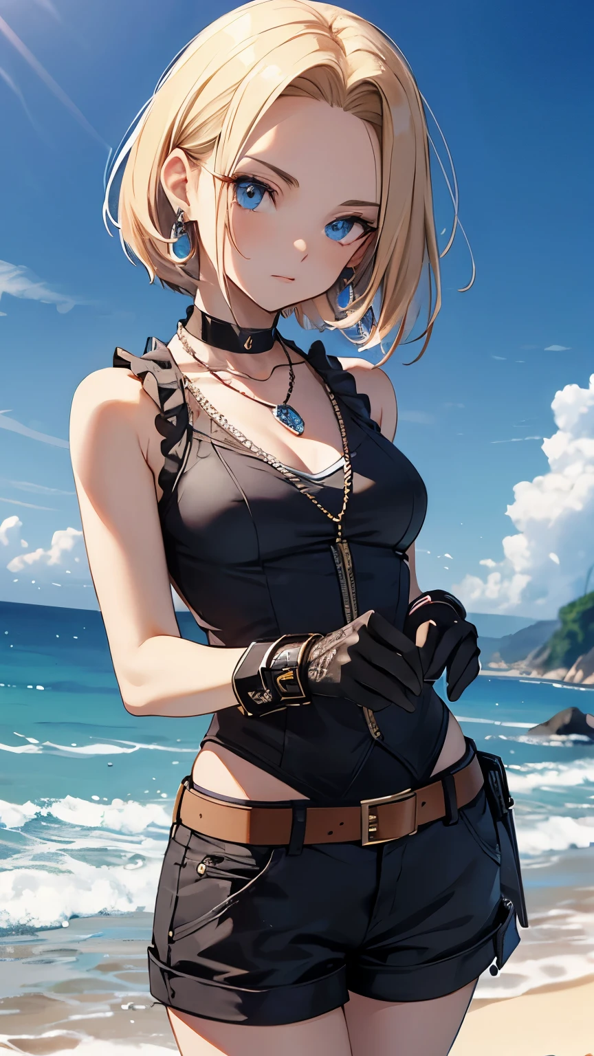 Steppiece, Best Quality, Ultra-detailed, Absurd, Portrait of cute android18DB, Realistic face, Solo, earrings, Jewelry, , brave, Eyeshadow closed, the beach, gloves, Necklace, Rock, Standing, fighting position, Volumetric lighting, Best Quality, masutepiece, Intricate details, tonemapping, Sharp Focus, Hyper Detailed Luxury swimwear Miwaki Beautiful abs beauty legs A sexy a wet body