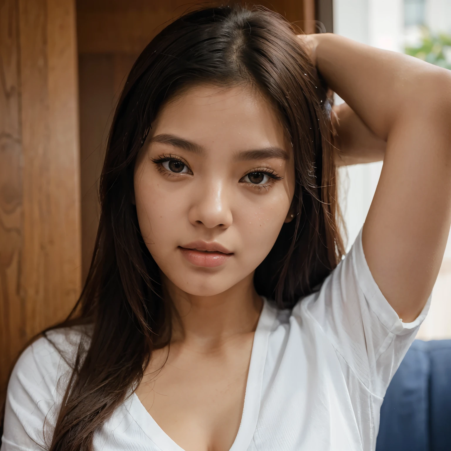 Um close de uma mulher de fios longos pretos, com um colar e os olhos castanhos esvuros, tirando uma foto no espelho do quarto, sul coreana, jennie blackpink face, garota linda coreana, 18 anos, linda garota coreana, cabelos longos pretos 