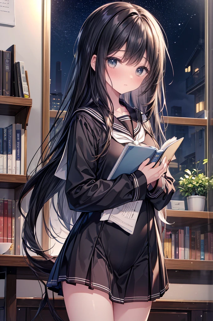 masterpiece, best quality, extremely detailed, (illustration, official art: 1.1), 1 girl, ,black long hair,  18 years old, long hair ((blush)), masterpiece, best quality, (((a very delicate and beautiful girl)))), amazing, beautiful detailed eyes, blunt bangs , tareme, (true beautiful: 1.2), sense of depth, dynamic angle,,,, (true beautiful: 1.2),(black sailor suit、serafuku:1.4)、thin and long legasterpiece, best quality, extremely detailed, absurdres),No expression, mature,Shy girl (blushing),almond eye、brown eyes、gradation eye、 , middle breasts, beautiful jpn-girl, (best quality: 1.2) solo, cinematic light,  perfect lighting,embarrassed, (((Wide Open Eyes))),{black sailor suit},{white ribbon},{black traight hair
in library, sense of depth, dynamic angle,,,, (true beautiful: 1.2),("Black sailor suit", long sleeved:1.3)、,white neckerchief、
indoor,(book shelfs, blue moon, starry sky, blue night, abstract background, magic books, light particles, stars, sparkling effects, childbook),surprised face
  , shy