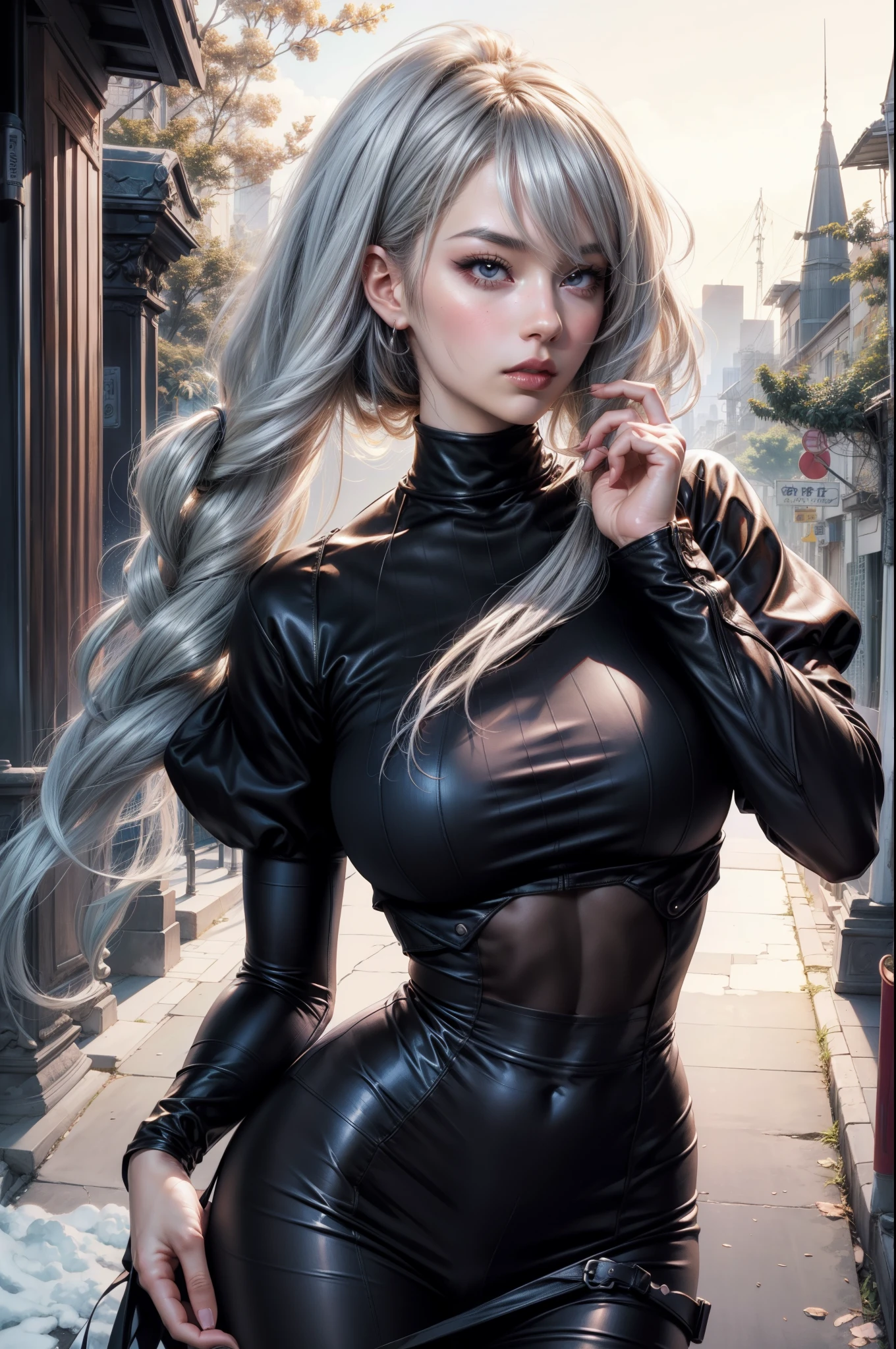 silver long hair girl, street outfit, brown eyes