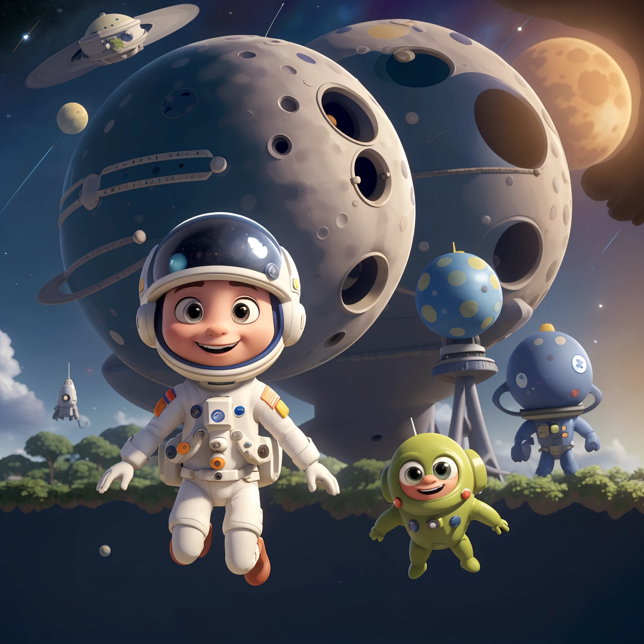 best quality,ultra-detailed,realistic,photography,HDR,UHD,studio lighting,professional,(vivid colors:bright),extreme detail description,(portrait style:1.2),(astronaut:1.1),(???-friendly:1.1),colorful spacesuit,big smile,exploring the moon,giant rocket in the background,floating in zero gravity,moon surface full of craters,sparkling stars in the sky,school of friendly aliens,cartoon-like spaceship,playful astronauts on a jungle gym,moon rover with fun patterns,astronaut holding a flag with a smile,happy children dressed as astronauts,joyful expressions,educational space theme,colorful planets in the distance,moon base with futuristic buildings and gardens,adorable alien pets,jumping and playing in low gravity,imagination and discovery,awe and wonder,friends on a space adventure (Optional)