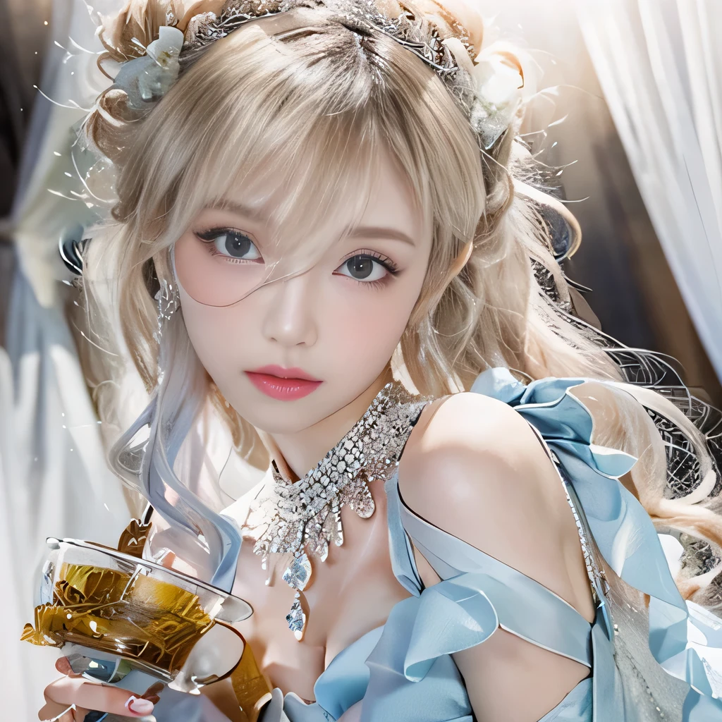 8k）、（best image quality:1.5）、gray background、close up of face、１girl、masterpiece、delicate and sharp eyes、brown eyes、eye power、delicate face、cup、attractive face、platinum blonde hair、Semi-long wave、ライトBlue Wedding Dresses、Blue Wedding Dresses、I can see the collarbone、gal、Emphasis on the clavicle、earrings、necklace