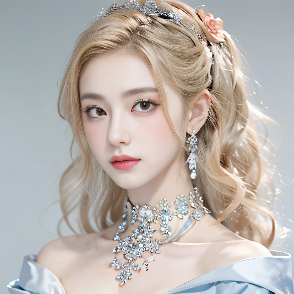 8k）、（best image quality:1.5）、gray background、close up of face、１girl、masterpiece、delicate and sharp eyes、brown eyes、eye power、delicate face、cup、attractive face、platinum blonde hair、Semi-long wave、ライトBlue Wedding Dresses、Blue Wedding Dresses、I can see the collarbone、gal、Emphasis on the clavicle、earrings、necklace
