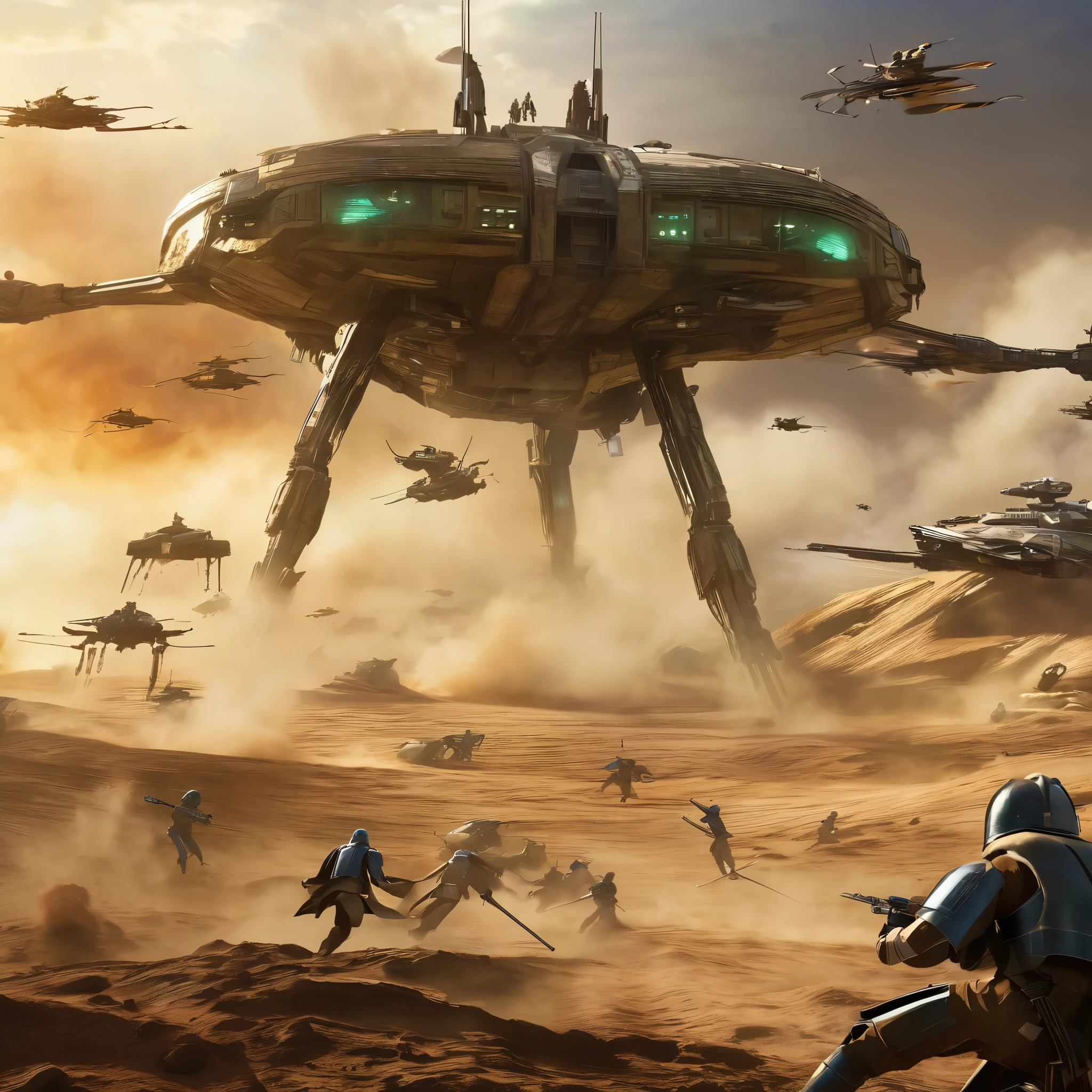 (aerial view,Gungan army fighting droid army,Star Wars),action-packed battle scene,detailed Gungan warriors,explosions and blaster fire,vibrant colors,dynamic lightsabers,realistic special effects,sci-fi atmosphere,epic proportions,immersive battle environment,huge droid army,thrilling combat,electrifying energy of the battle,massive war machines,awe-inspiring battleships,jaw-dropping visual spectacle,stunning choreographed fight sequences,grand scale of the conflict,futuristic weaponry and technology,high-res cinematic quality,otherworldly landscapes,iconic characters,charismatic generals,strong sense of heroism,military strategies and tactics,strategic deployments and maneuvers,dangerous skirmishes,heroic sacrifice,breathtaking aerial stunts,expansive battlefield,artistic camera angles,dramatic perspective shifts,intense emotions and expressions,high-octane action,emblematic Star Wars setting,visceral impact,immersive audio design,unforgettable battle experience