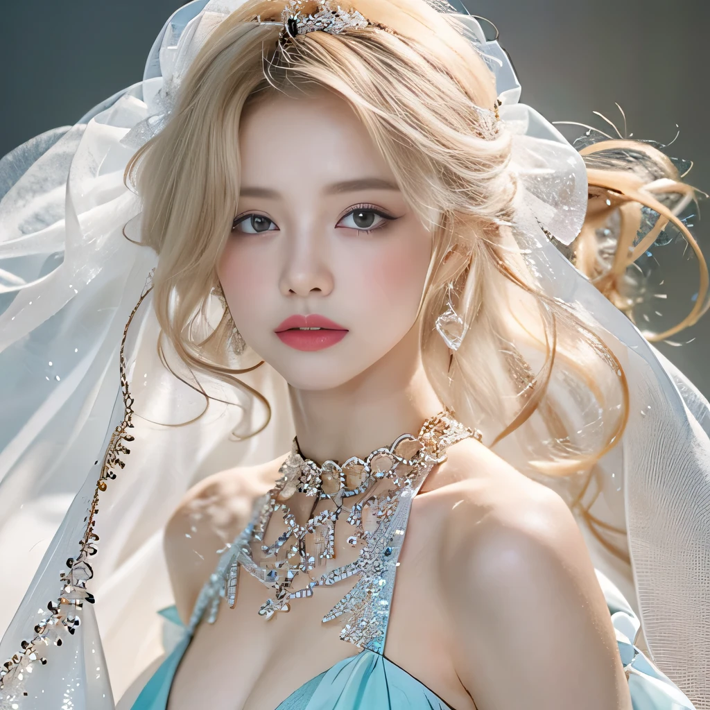 8k）、（best image quality:1.5）、gray background、close up of face、１girl、masterpiece、delicate and sharp eyes、brown eyes、eye power、delicate face、cup、attractive face、platinum blonde hair、Semi-long wave、ライトBlue Wedding Dresses、Blue Wedding Dresses、I can see the collarbone、gal、Emphasis on the clavicle、earrings、necklace