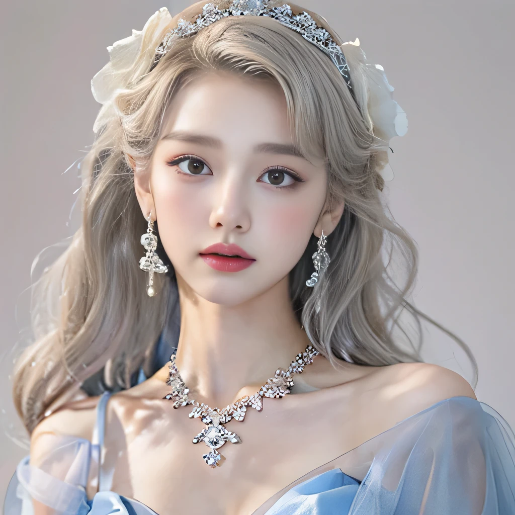 8k)、(best image quality:1.5)、gray background、close up of face、1girl、masterpiece、delicate and sharp eyes、brown eyes、eye power、delicate face、cup、attractive face、platinum blonde hair、Semi-long wave、ライトBlue Wedding Dresses、Blue Wedding Dresses、I can see the collarbone、gal、Emphasis on the clavicle、earrings、necklace