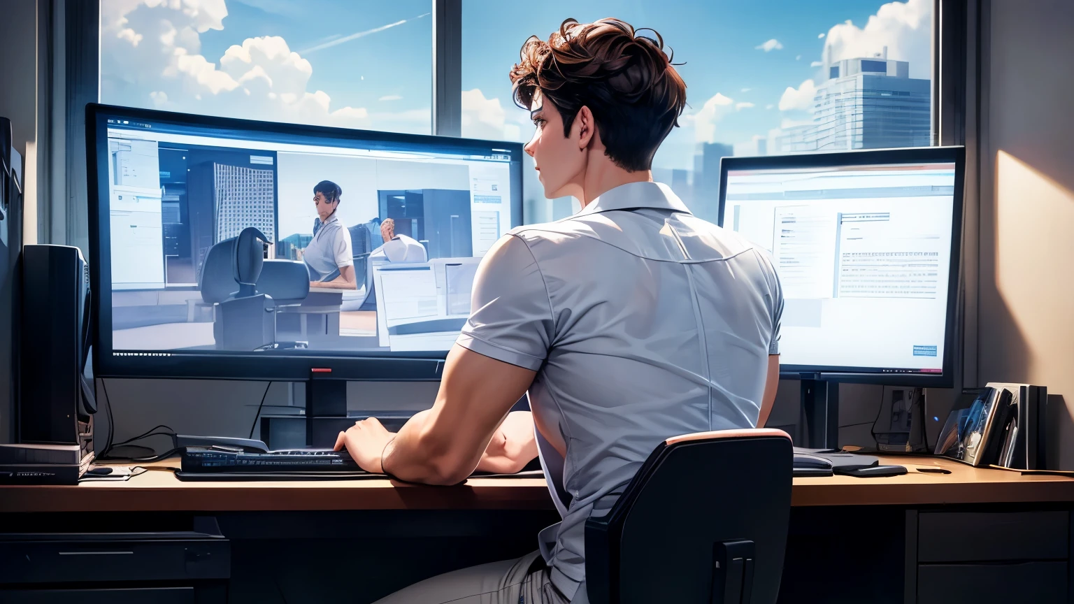 (masterpiece, ultra-detailed), 1man, adult, handsome face, a boy using a computer sitting on his chair, using a big monitor, clean room, back view, window outside city