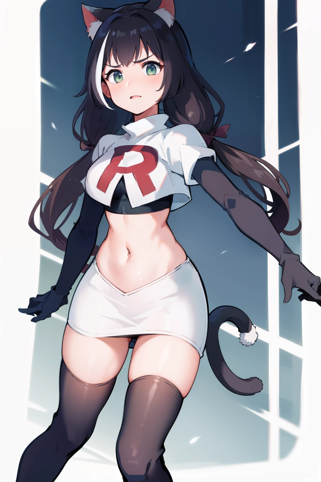 karyl,low twintails, twintails, cat tail,team rocket,team rocket uniform,white skirt,red letter R,crop top,black thigh-highs,black elbow gloves