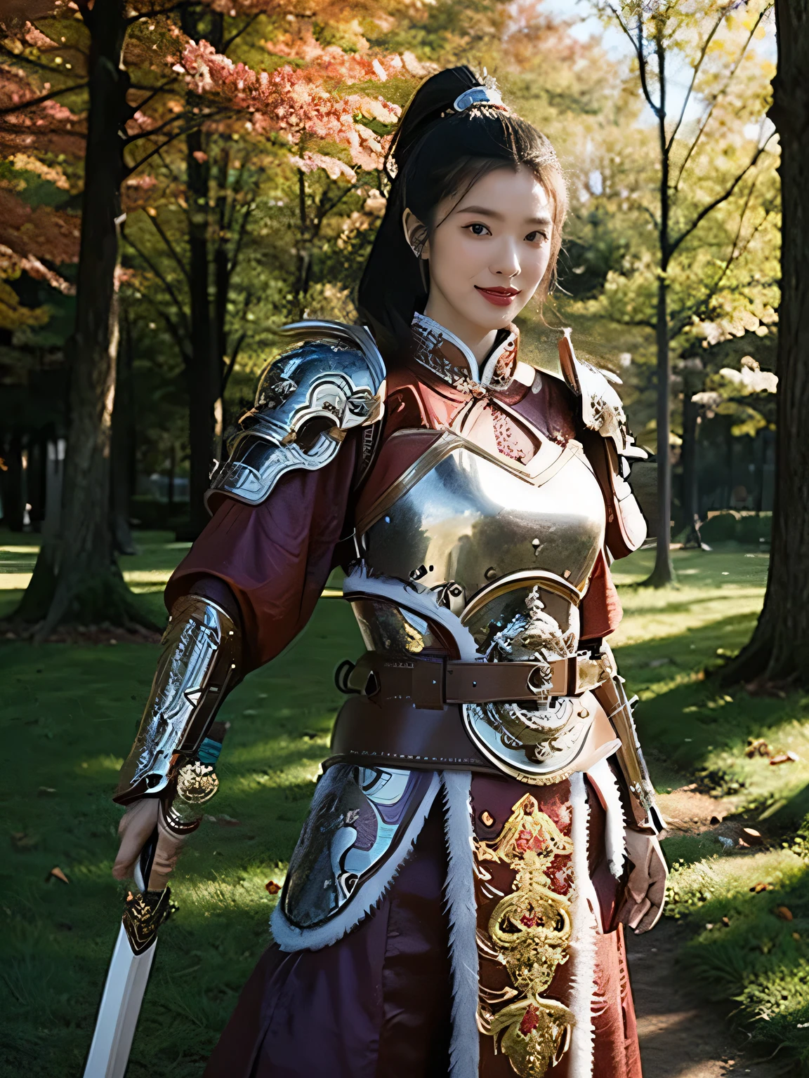 masterpiece,Best quality,HD quality,face close-up,A high resolution,8K,Ancient battlefield background, ((field:1.8)),(Female generals on the battlefield in the Han Dynasty),18-year-old girl,(long ponytail hairstyle),cparted lips,Full and erect breasts,Noble and charming,Elegant and serious,Chinese armor,sword, Chinese architecture, Pink cape,,The combination of white metal and red leather,chest armor,metallic luster,Leather buckle,Exquisite pattern,mysterious badge,Cool and gorgeouig breasts)),Chest groove,Three Kingdoms character painting style,Photo pose,oc render reflection texture,charming smile,Head-up shot,bright afternoon,woodland background