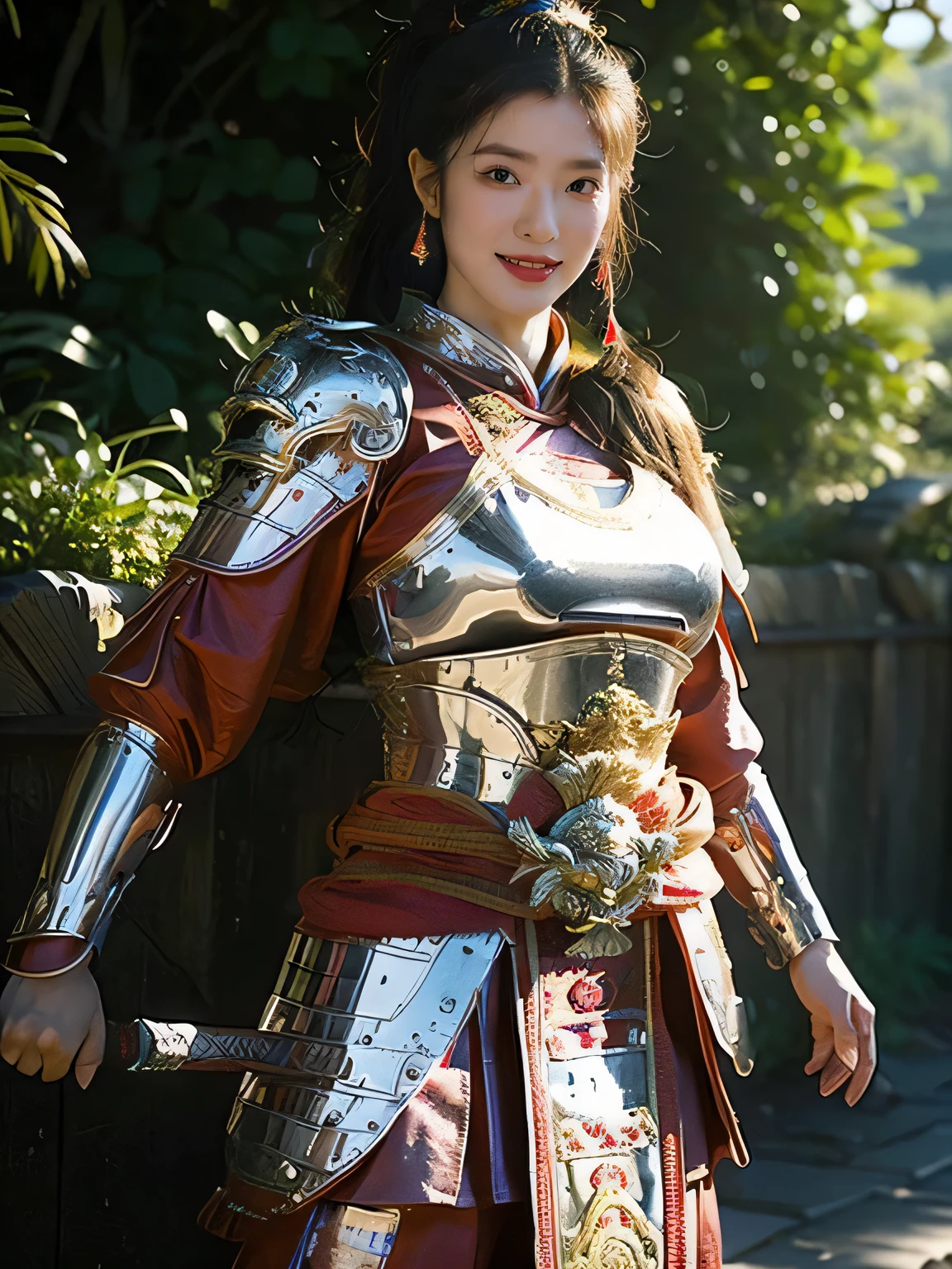 masterpiece，Best quality，HD quality，face close-up，A high resolution，8K，Ancient battlefield background, ((field：1.8))，(Female generals on the battlefield in the Han Dynasty)，18-year-old girl，（long ponytail hairstyle)，cparted lips，Full and erect breasts，Noble and charming，Elegant and serious，Chinese armor,sword, Chinese architecture, Pink cape，，The combination of white metal and red leather，chest armor，metallic luster，Leather buckle，Exquisite pattern，mysterious badge，Cool and gorgeouig breasts))，Chest groove，Three Kingdoms character painting style，Photo pose，oc render reflection texture，charming smile，Head-up shot，bright afternoon，woodland background