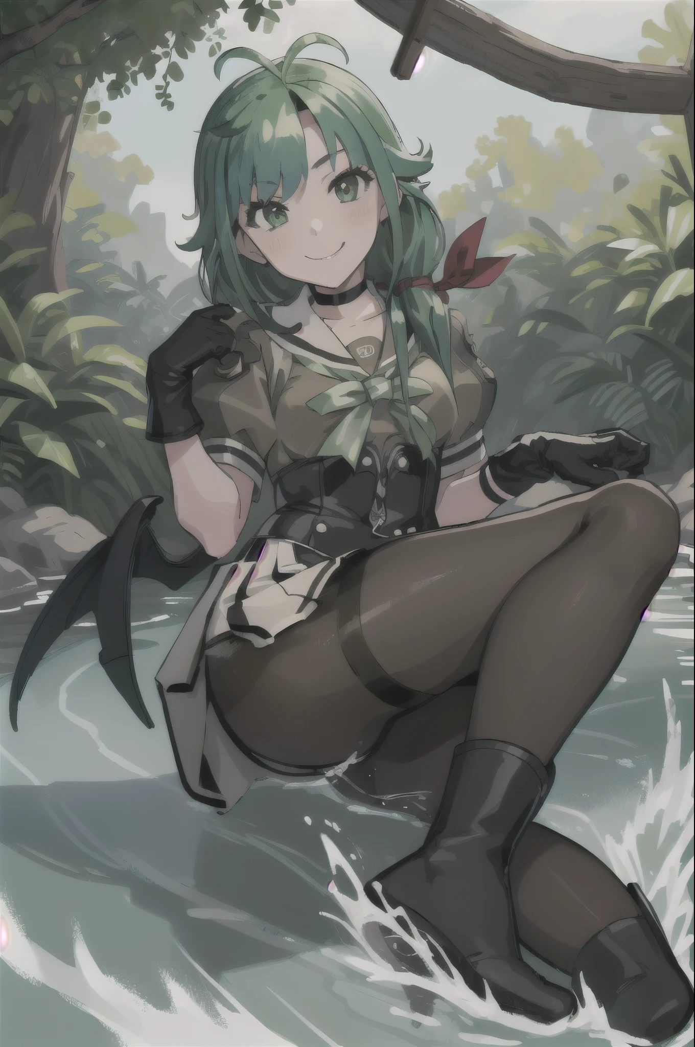 (masterpiece, highest quality:1.2), alone, 1 girl, kcmatsu, smile, looking at the viewer, water play, antenna hair, school uniform, serafuku, short sleeve, black gloves, skirt, pantyhose, choker