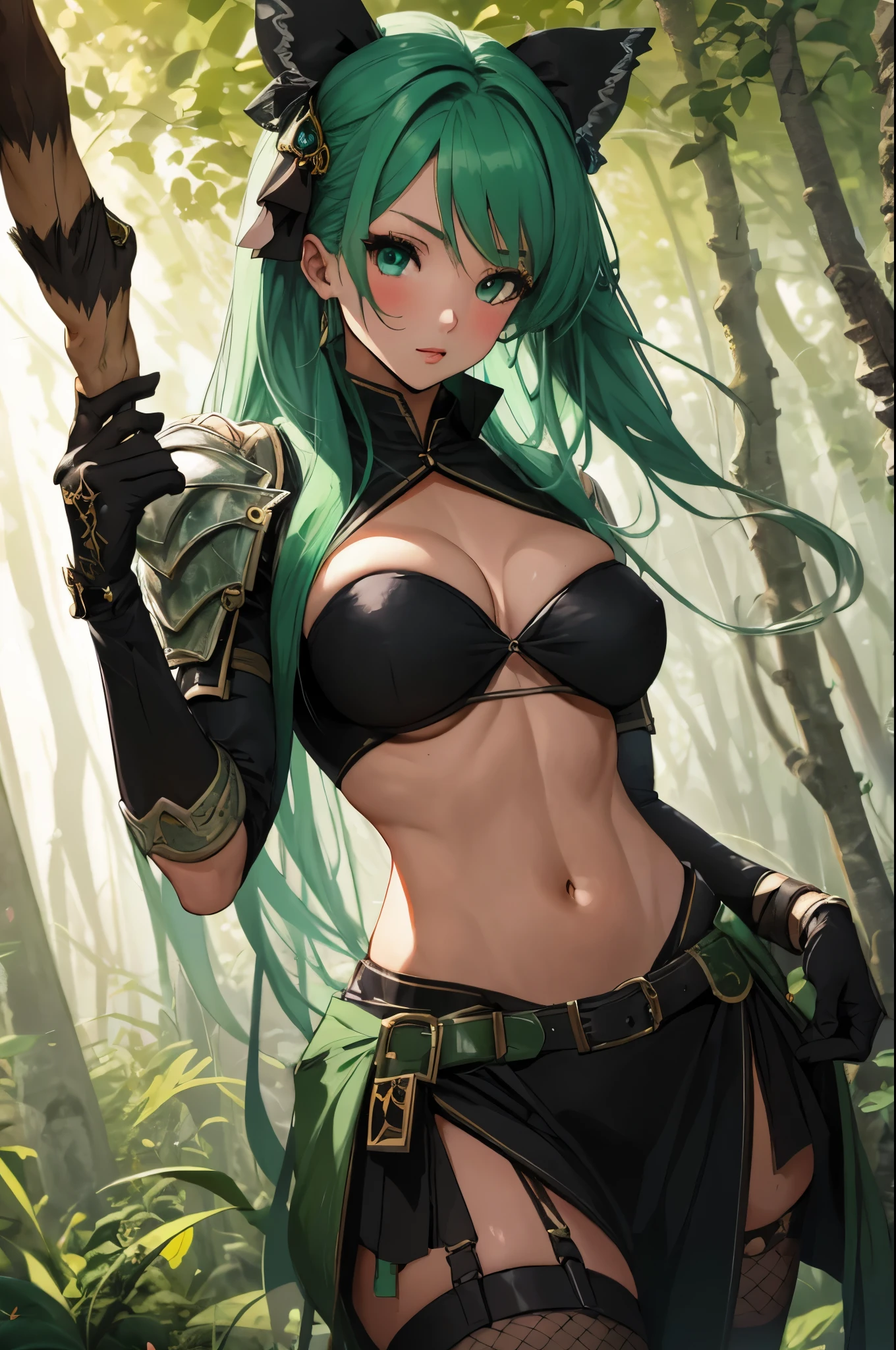 a provocative archer girl whit pink and vizosgreen hair in a Monster Hunter-inspired pose, with detailed eyes and lips, wearing vibrant and intricate armor and holding a bow and arrow. The artwork is created using a mix of illustration and 3D rendering techniques, resulting in a visually stunning mixed media piece. The scene is set in a dense forest, with lush foliage and beams of sunlight filtering through the trees. The girl's confident and determined expression captivates the viewer, while her dynamic pose showcases her skill and agility as an archer. The colors in the artwork are bold and vivid, with a slightly desaturated and muted overall tone to create a realistic and gritty atmosphere. The lighting is dramatic, casting deep shadows and emphasizing the girl's strong features. The image is of the highest quality, with ultra-fine details to bring every aspect of the artwork to life.
