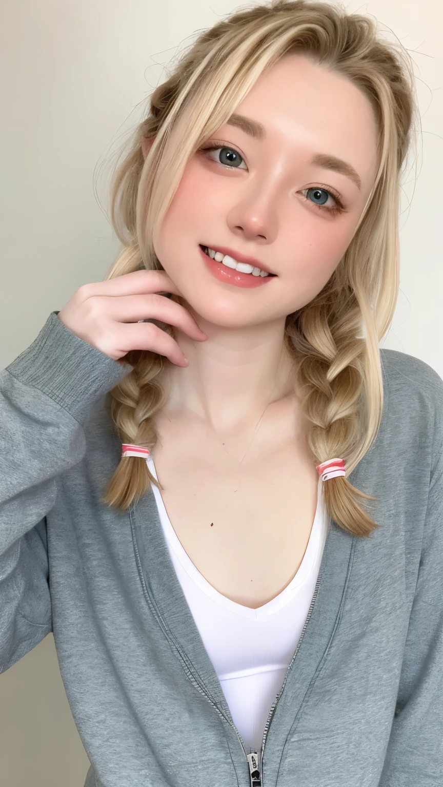 super realistic images, ginger teenager girl, cute face, An ennui look、french braid、ash gray hair、green eyes, a little freckled, doing yoga, Three line sweatshirt、I can see your belly button、sports bra、Jacket, highest quality、ultra high resolution、master piece:1.5、Portrait