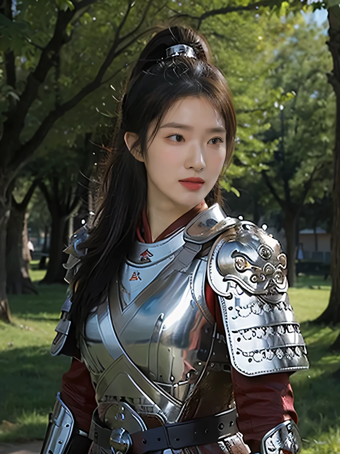 masterpiece，Best quality，HD quality，face close-up，A high resolution，8K，Ancient battlefield background, ((field：1.8))，(Female generals on the battlefield in the Han Dynasty)，18-year-old girl，（long ponytail hairstyle)，cparted lips，Full and erect breasts，Noble and charming，Elegant and serious，Chinese armor,sword, Chinese architecture, Pink cape，，The combination of white metal and red leather，chest armor，metallic luster，Leather buckle，Exquisite pattern，mysterious badge，Cool and gorgeouig breasts))，Chest groove，Three Kingdoms character painting style，Photo pose，oc render reflection texture，charming smile，Head-up shot，bright afternoon，woodland background
