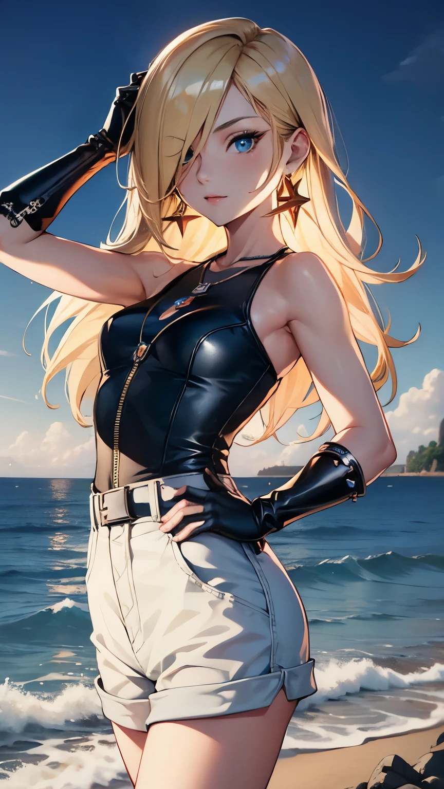 Steppiece, Best Quality, Ultra-detailed, Absurd, Portrait of cute android18DB, Realistic face, Solo, earrings, Jewelry, , brave, Eyeshadow closed, the beach, gloves, Necklace, Rock, Standing, fighting position, Volumetric lighting, Best Quality, masutepiece, Intricate details, tonemapping, Sharp Focus, Hyper Detailed short pants sleeveless