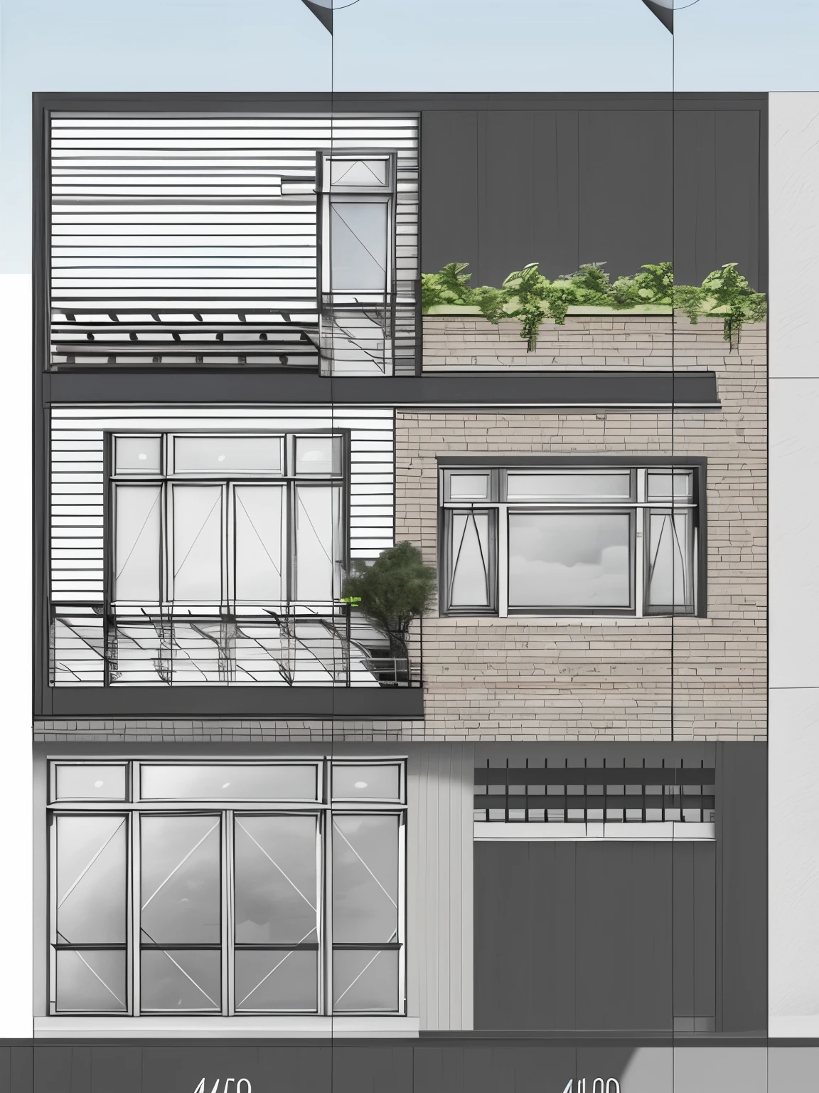 a drawing of a house with a lot of windows and a lot of windows, elevation view, street elevation, front elevation view, front elevation, architectural plan, architectural section, hq very detailed, high detail drawing, front and side elevation, architectural drawing, frontview, elevation, orthographic front view, complete house, architecture drawing, flat drawing, mid-view