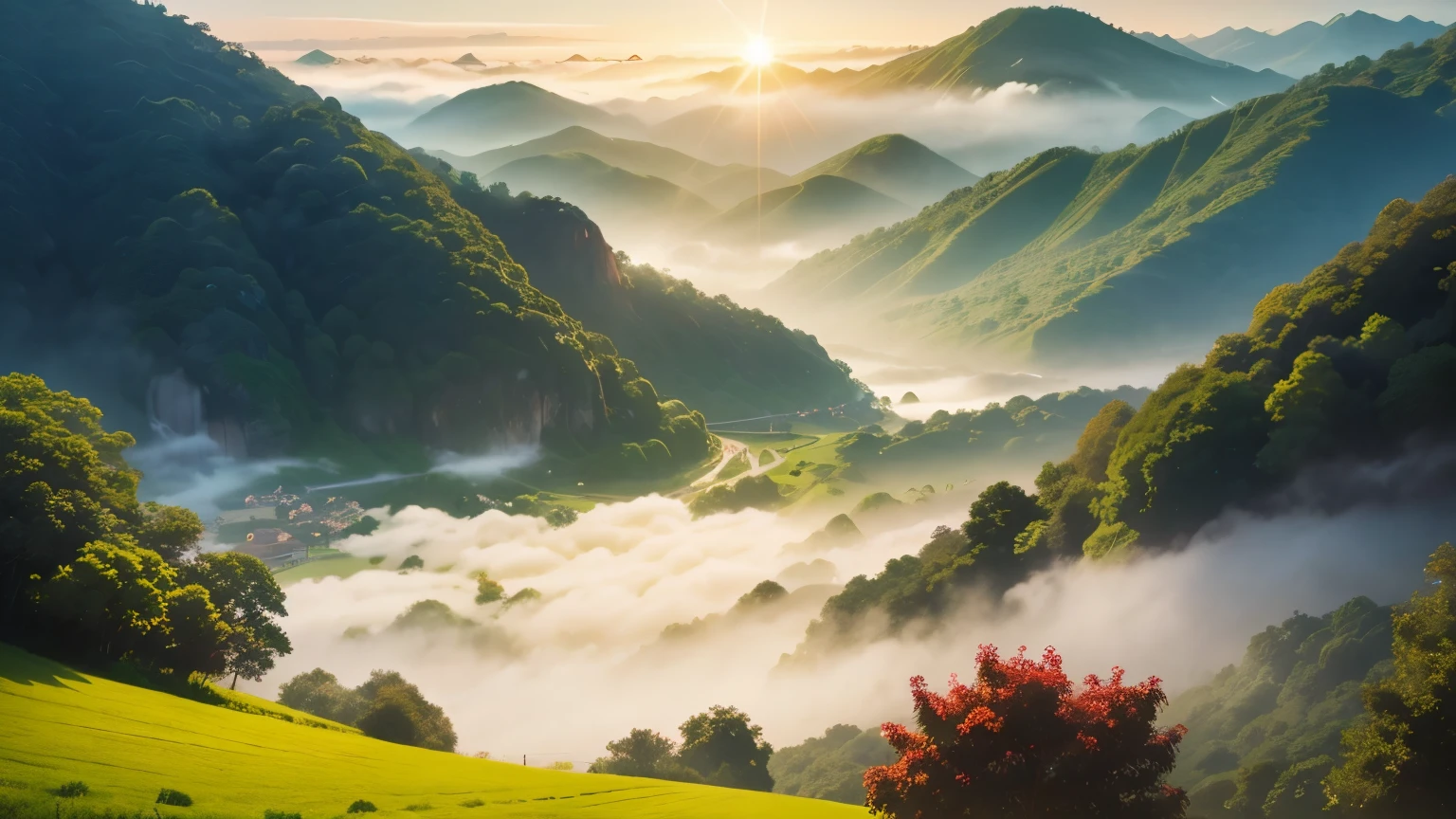 An anime-style panoramic drone shot captures the serene beauty of Chiang Rai's lush green mountains, enveloped in a gentle sea of mist at dawn.
Strawberry fields add vibrant patches of red to the landscape, contrasting with the verdant hues.
Above, the sky is a clear, brilliant blue, with the rising sun casting a soft, golden light that illuminates the scene with a dreamy glow.