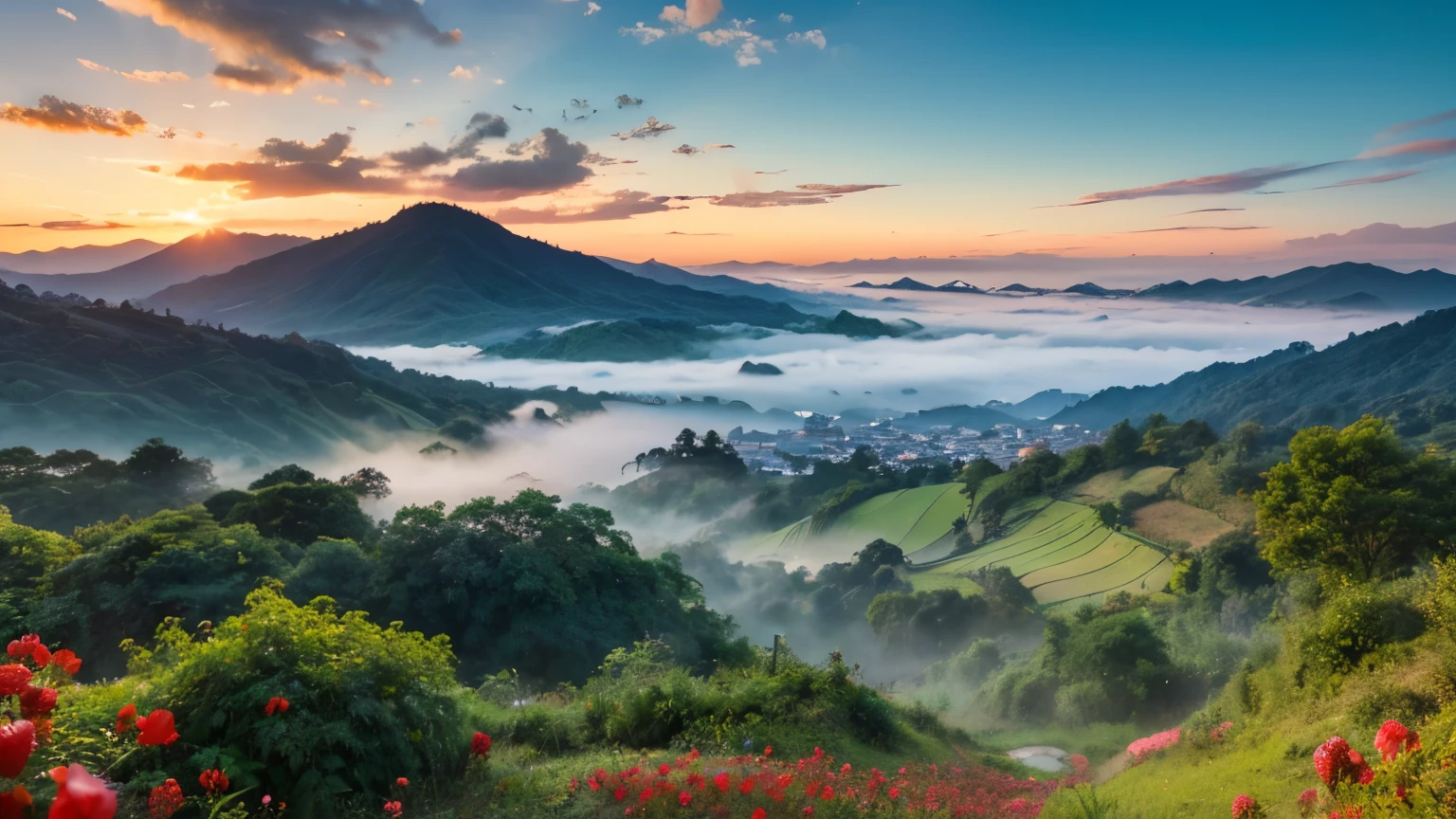 An anime-style panoramic drone shot captures the serene beauty of Chiang Rai's lush green mountains, enveloped in a gentle sea of mist at dawn.
Strawberry fields add vibrant patches of red to the landscape, contrasting with the verdant hues.
Above, the sky is a clear, brilliant blue, with the rising sun casting a soft, golden light that illuminates the scene with a dreamy glow.