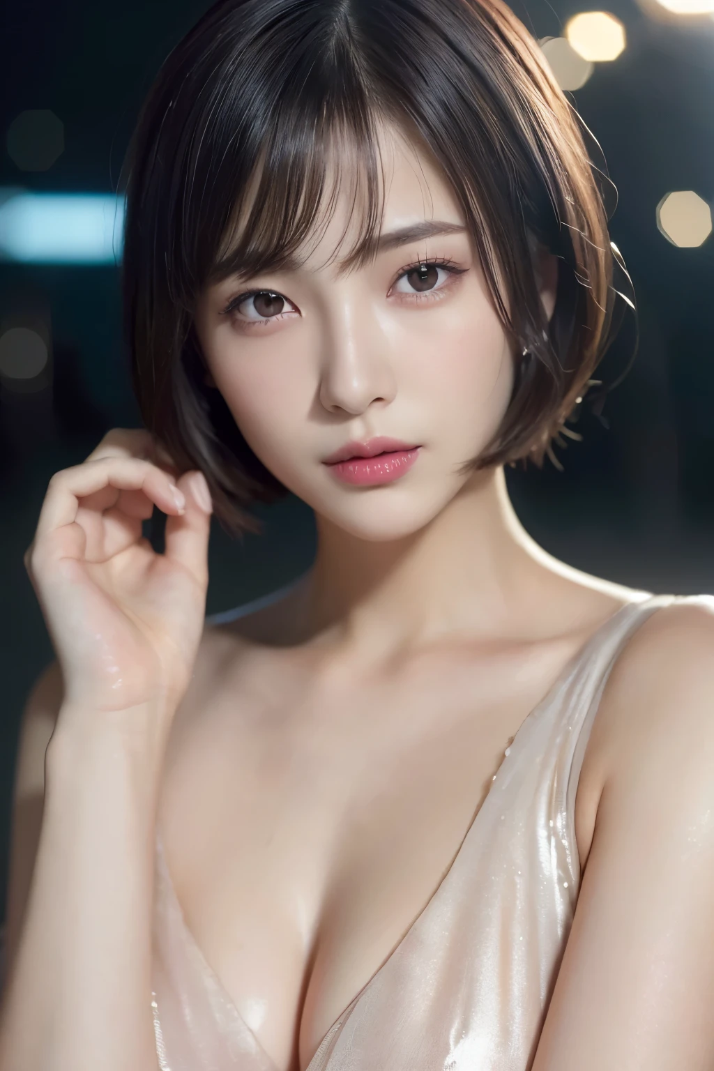 ((close-up photo of face:1.4))、shiny pink lipstick:1.3, mix 4, (8k, original photo, highest quality, masterpiece: 1.45), (actual, lifelike: 1.37), thin japanese woman, One girl, attractive, City view, night, rain, Wet, professional lighting, photon mapping, radio city, Physically based rendering, gradient black hair, short curly hair, good looking, girl, Completely naked, High resolution, 1080p, (clean face), (Detailed facial description), (Detailed explanation of hands), (Detailed CG), extreme light and shadow,brown short bob cut hair, rich in details, (exquisite features), (highest quality photos), (beautiful eyes), look in front of you, thin clavicle,