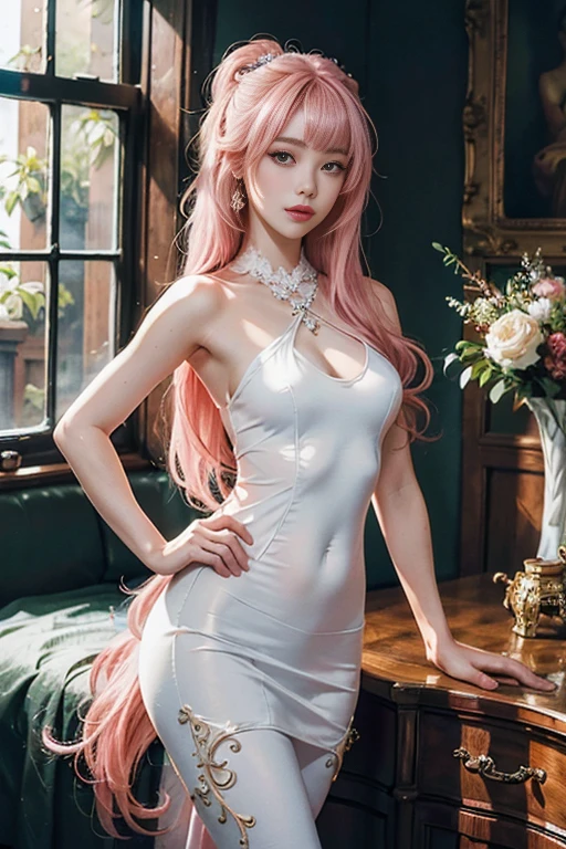 (lifelike:1.4), Beautiful and delicate girl, ((in a tight dress)),Akimbo,((Sea of flowers:1.7))(Standing frontally:1.3),black leggings,Very detailed , beautiful and delicate eyes, (whole body 1.3), (Pink hair 1.2), super detailed, high resolution, Very detailed, best quality, masterpiece, illustration, Very detailed, CG,, 8k wallpaper, amazing, delicate skin,fine details, masterpiece ,best quality, Very detailed,CG, 8k wallpaper, 18 years old, 粉色long hair, (medium breasts), (beautiful eyes), White skin, , Delicate skin tone, long hair, (pink hair 1.2), Bangs, hair accessories,double tail, young,