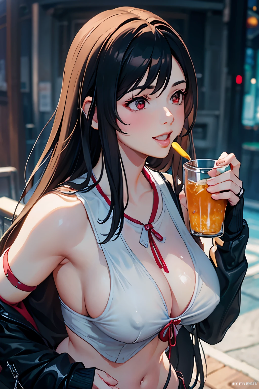 realistic,(8k,highest quality),(professional lighting),Physically based rendering,((1 girl)),(NSFW),big breasts,red eyes,(wet body:1.2),(blowjob),open your mouth,((smile)),(milk dripping),(((Facial))),