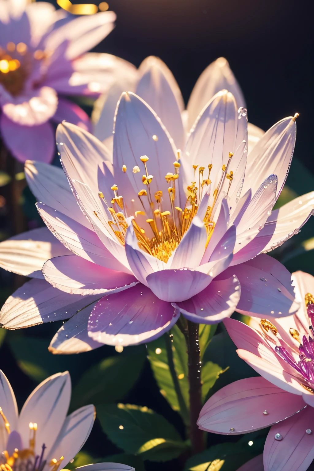 blurred picture style, wet-in-wet, best quality, 32k, RAW photo, incredibly absurdres, extremely detailed, delicate texture, flower painting made of finely crushed (shining metals plated AND shining colorful gems:1.3), crazy blooming