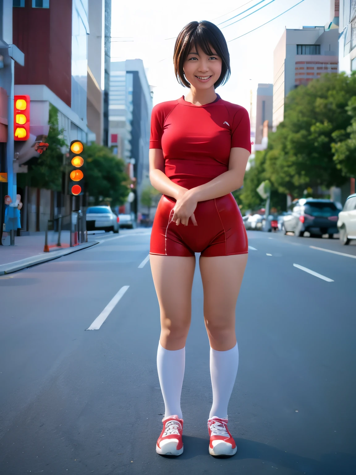 mix 4, The 20th, 一人in, very short hair, shirt, expensive_heels,full_body, look_in_viewer, (8K, Raw photo, highest quality, masterpiece:1.2), (realistic, photorealistic:1.37), professional lighting, photon mapping, radio city,Physically based rendering、body操服(White T-shirt with lines on the cuffs)and put on bloomers、wearing red bloomers、red bloomers thin fit into your crotch、high socks、bloomers、Simple bloomers、naughty smile、young japanese woman、super big breasts、nipple erection、expensive socks、sneakers、sexy pose、spread your legs、bodyにフィットしたブルマ、In town、Bloomers that get hard on the buttocks、the whole body is wet、Country girl、A naive girl、Serious looking girl shy face、full body portrait