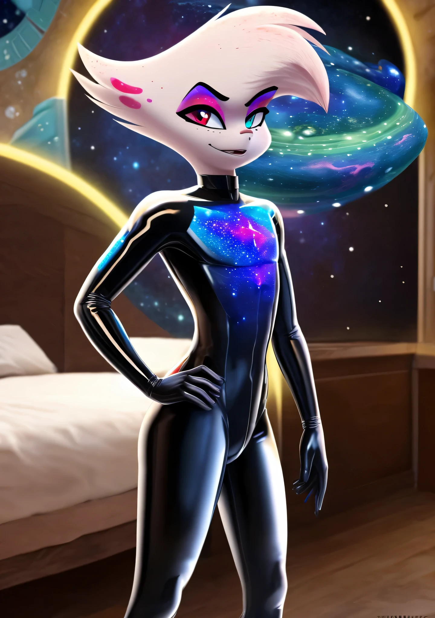 ((masterpiece)), ((8k quality)), (no watermark), Angel Dust, male, mouth closed, detailed bedroom, standing, one hand on his hip, other hand at his side, (solo:1.4), sleek, shiny (((cosmic:1.5))) colored latex suit