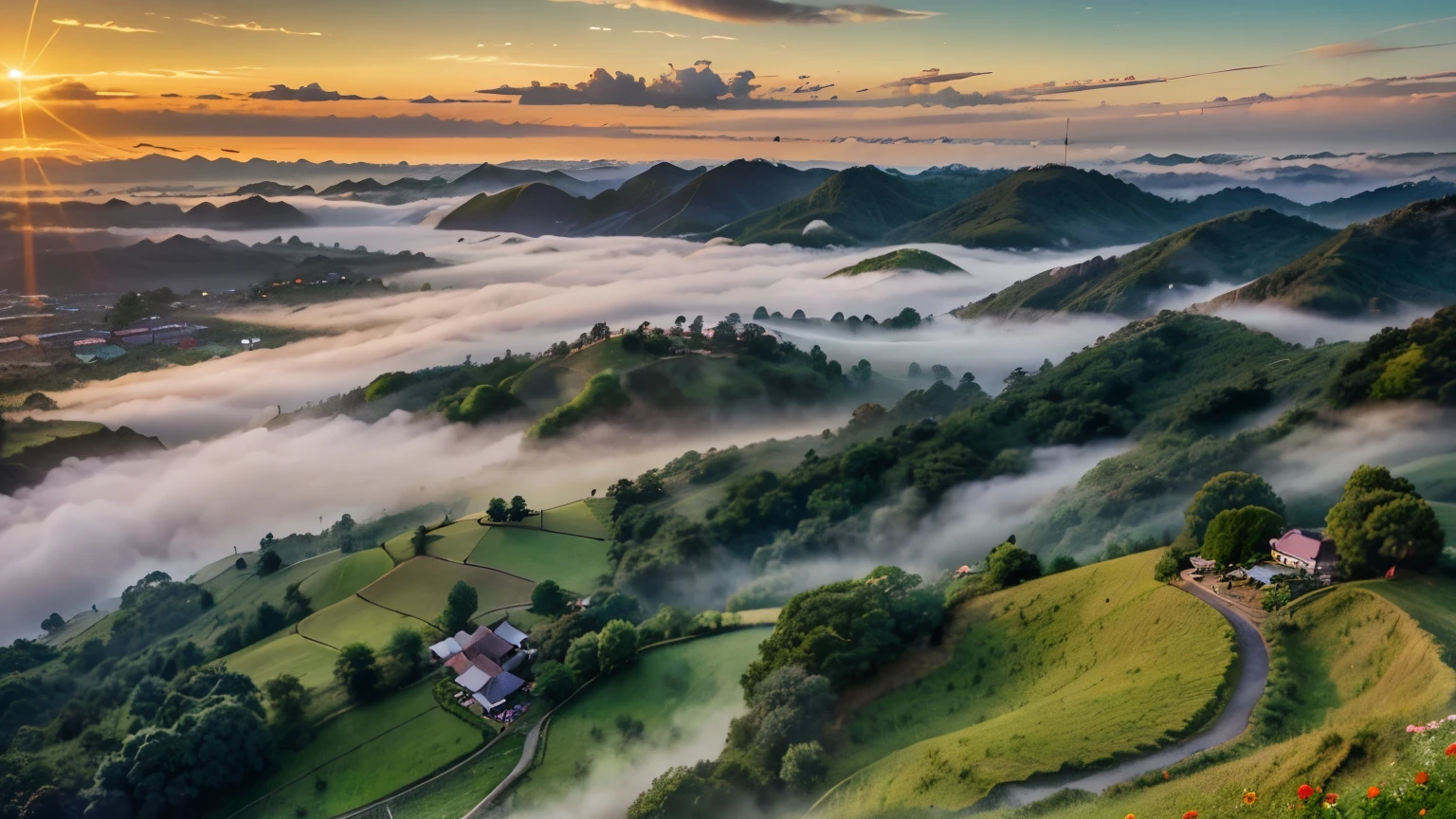 An anime-style panoramic drone shot captures the serene beauty of Chiang Rai's lush green mountains, enveloped in a gentle sea of mist at dawn.
Strawberry fields add vibrant patches of red to the landscape, contrasting with the verdant hues.
Above, the sky is a clear, brilliant blue, with the rising sun casting a soft, golden light that illuminates the scene with a dreamy glow.