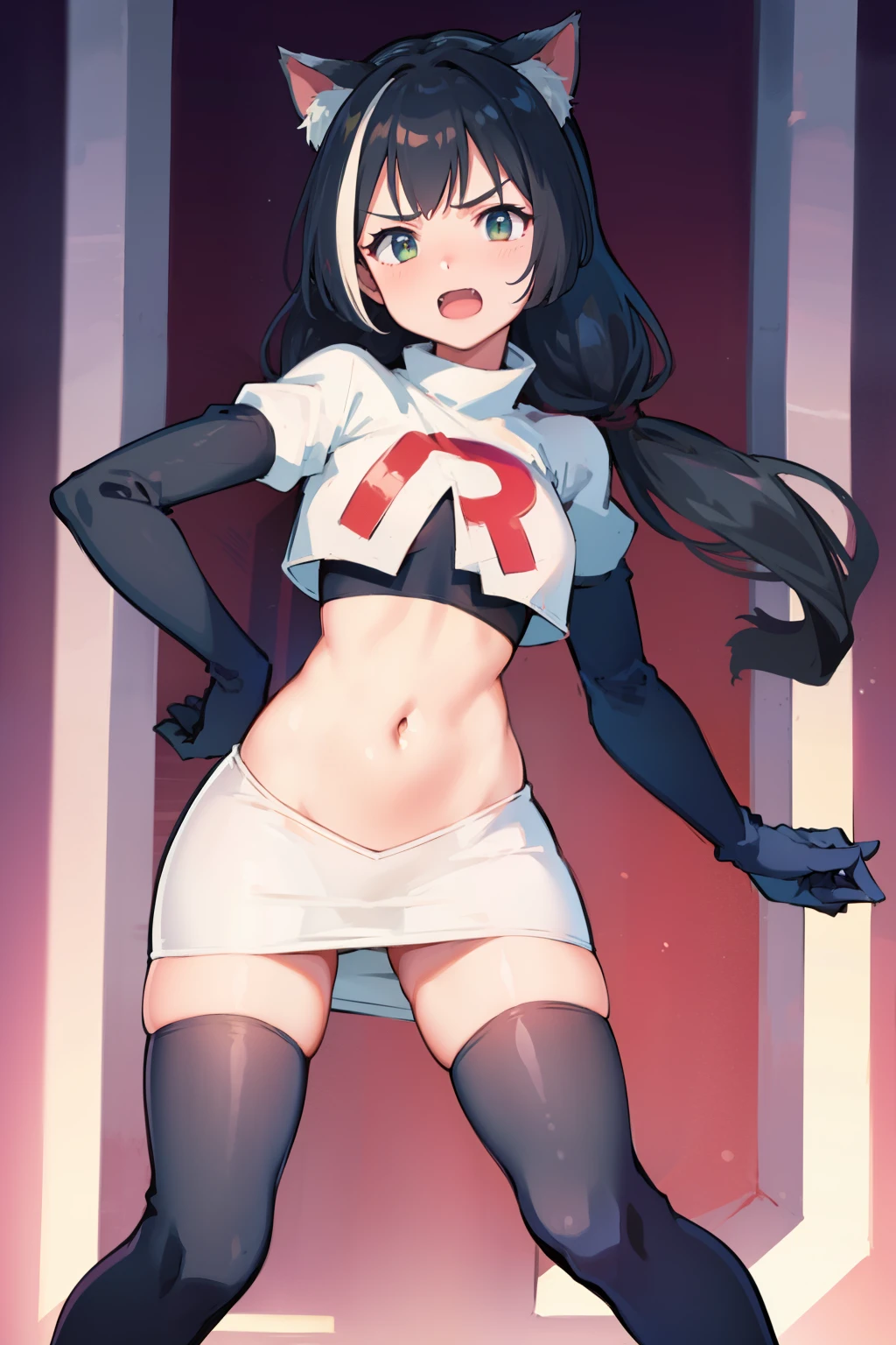 karyl,low twintails, twintails, cat tail,team rocket,team rocket uniform,white skirt,red letter R,crop top,black thigh-highs,black elbow gloves