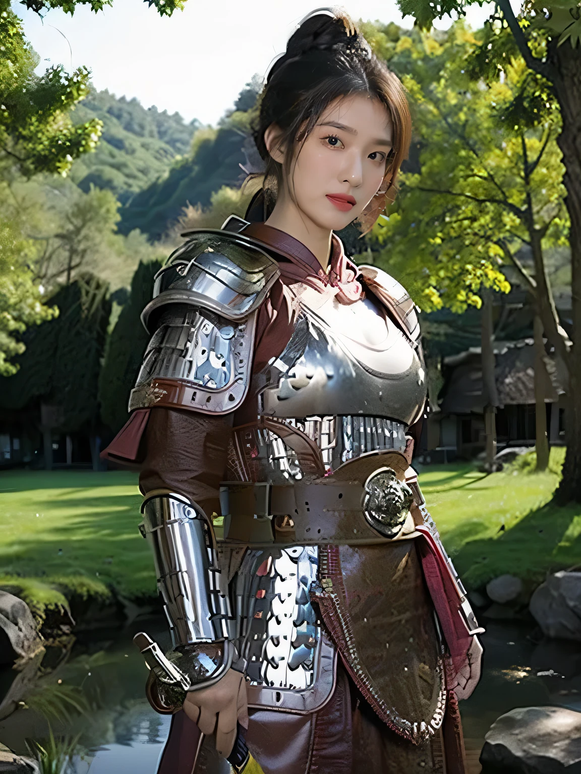 masterpiece,Best quality,HD quality,face close-up,A high resolution,8K,Ancient battlefield background, ((field:1.8)),(Female generals on the battlefield in the Han Dynasty),18-year-old girl,(long ponytail hairstyle),cparted lips,Full and erect breasts,Noble and charming,Elegant and serious,Chinese armor,sword, Chinese architecture, Pink cape,,The combination of white metal and red leather,chest armor,metallic luster,Leather buckle,Exquisite pattern,mysterious badge,Cool and gorgeouig breasts)),Chest groove,Three Kingdoms character painting style,Photo pose,oc render reflection texture,charming smile,Head-up shot,bright afternoon,woodland background