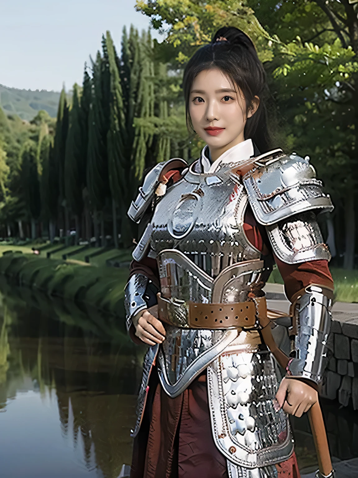 masterpiece,Best quality,HD quality,face close-up,A high resolution,8K,Ancient battlefield background, ((field:1.8)),(Female generals on the battlefield in the Han Dynasty),18-year-old girl,(long ponytail hairstyle),cparted lips,Full and erect breasts,Noble and charming,Elegant and serious,Chinese armor,sword, Chinese architecture, Pink cape,,The combination of white metal and red leather,chest armor,metallic luster,Leather buckle,Exquisite pattern,mysterious badge,Cool and gorgeouig breasts)),Chest groove,Three Kingdoms character painting style,Photo pose,oc render reflection texture,charming smile,Head-up shot,bright afternoon,woodland background