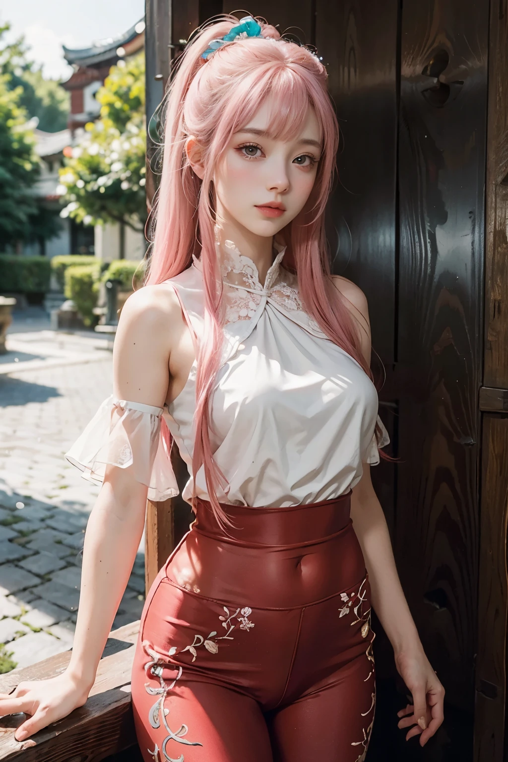(lifelike:1.4), Beautiful and delicate girl, (Wear a red T-shirt),forest,((Sea of flowers:1.7))Akimbo,(Looking directly at the camera:1.3),(look up:1.3),leggings,Very detailed , beautiful and delicate eyes, (whole body 1.3), (Pink hair 1.2), super detailed, high resolution, Very detailed, best quality, masterpiece, ((red hanfu)), illustration, Very detailed, CG,, 8k wallpaper, amazing, delicate skin,fine details, masterpiece ,best quality, Very detailed CG uniform 8k wallpaper, 18 years old, 粉色long hair, (medium breasts), (beautiful eyes), White skin, , Delicate skin tone, long hair, (pink hair 1.2), Bangs, hair accessories,double tail, young,