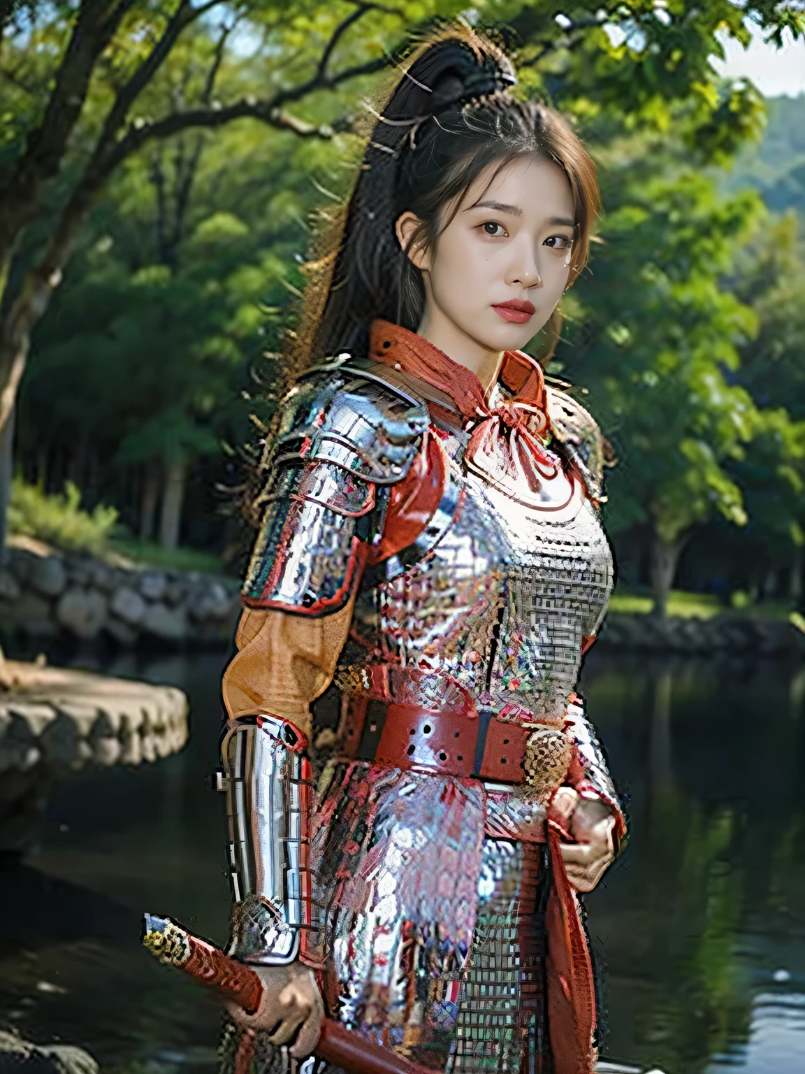 masterpiece，Best quality，HD quality，face close-up，A high resolution，8K，Ancient battlefield background, ((field：1.8))，(Female generals on the battlefield in the Han Dynasty)，18-year-old girl，（long ponytail hairstyle)，cparted lips，Full and erect breasts，Noble and charming，Elegant and serious，Chinese armor,sword, Chinese architecture, Pink cape，，The combination of white metal and red leather，chest armor，metallic luster，Leather buckle，Exquisite pattern，mysterious badge，Cool and gorgeouig breasts))，Chest groove，Three Kingdoms character painting style，Photo pose，oc render reflection texture，charming smile，Head-up shot，bright afternoon，woodland background