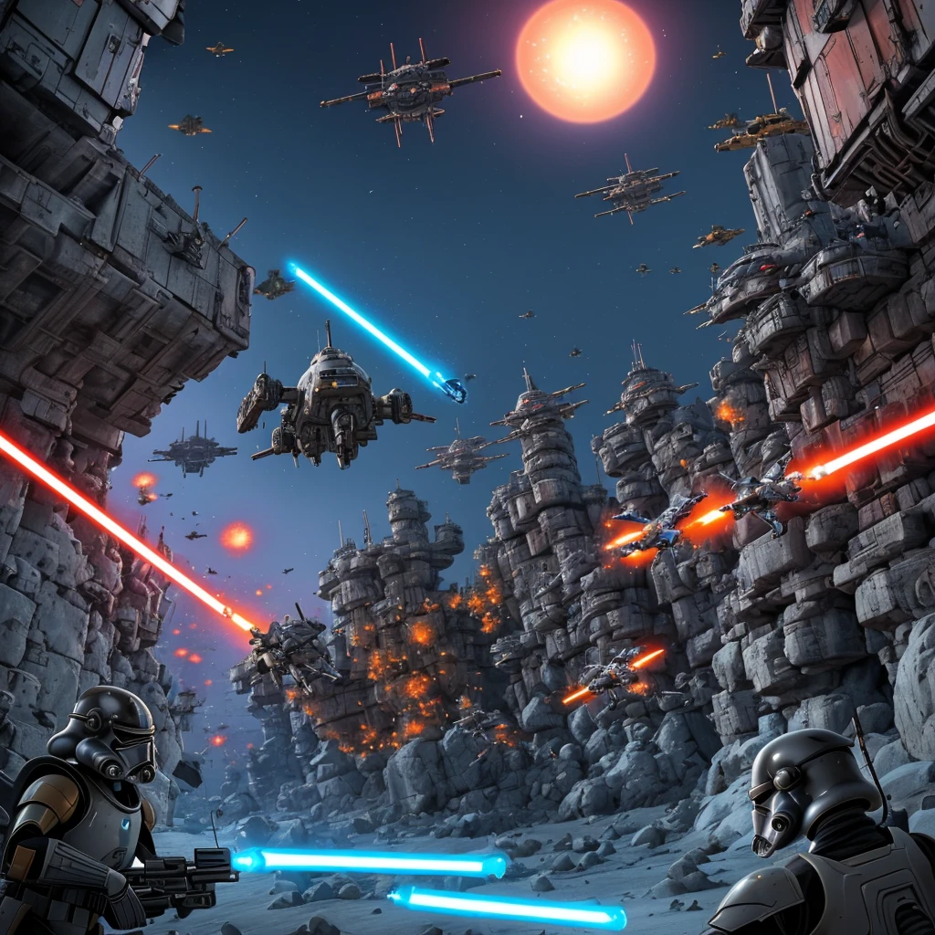 Aerial view of the Gungan army fighting the droid army in Star Wars