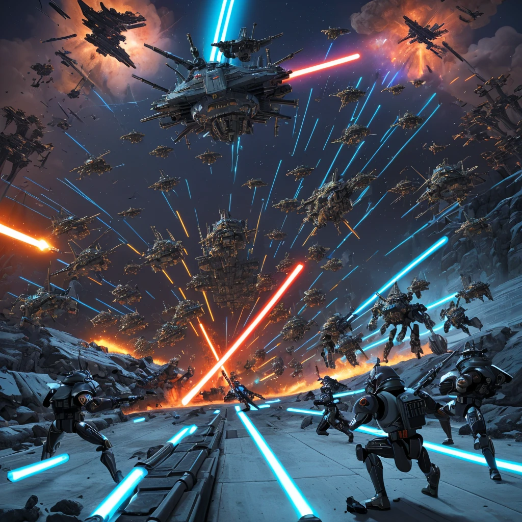(aerial view,Gungan army fighting droid army,Star Wars),action-packed battle scene,detailed Gungan warriors,explosions and blaster fire,vibrant colors,dynamic lightsabers,realistic special effects,sci-fi atmosphere,epic proportions,immersive battle environment,huge droid army,thrilling combat,electrifying energy of the battle,massive war machines,awe-inspiring battleships,jaw-dropping visual spectacle,stunning choreographed fight sequences,grand scale of the conflict,futuristic weaponry and technology,high-res cinematic quality,otherworldly landscapes,iconic characters,charismatic generals,strong sense of heroism,military strategies and tactics,strategic deployments and maneuvers,dangerous skirmishes,heroic sacrifice,breathtaking aerial stunts,expansive battlefield,artistic camera angles,dramatic perspective shifts,intense emotions and expressions,high-octane action,emblematic Star Wars setting,visceral impact,immersive audio design,unforgettable battle experience