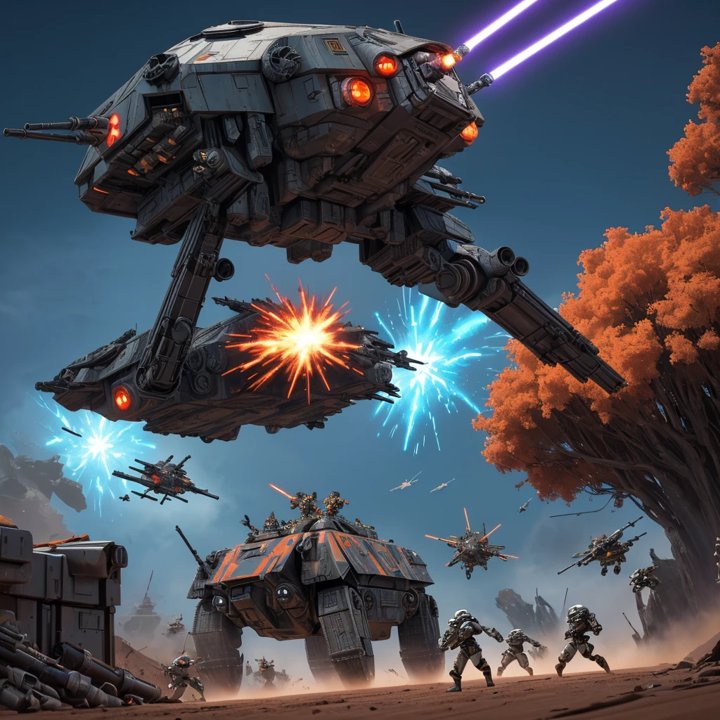 (aerial view,Gungan army fighting droid army,Star Wars),action-packed battle scene,detailed Gungan warriors,explosions and blaster fire,vibrant colors,dynamic lightsabers,realistic special effects,sci-fi atmosphere,epic proportions,immersive battle environment,huge droid army,thrilling combat,electrifying energy of the battle,massive war machines,awe-inspiring battleships,jaw-dropping visual spectacle,stunning choreographed fight sequences,grand scale of the conflict,futuristic weaponry and technology,high-res cinematic quality,otherworldly landscapes,iconic characters,charismatic generals,strong sense of heroism,military strategies and tactics,strategic deployments and maneuvers,dangerous skirmishes,heroic sacrifice,breathtaking aerial stunts,expansive battlefield,artistic camera angles,dramatic perspective shifts,intense emotions and expressions,high-octane action,emblematic Star Wars setting,visceral impact,immersive audio design,unforgettable battle experience