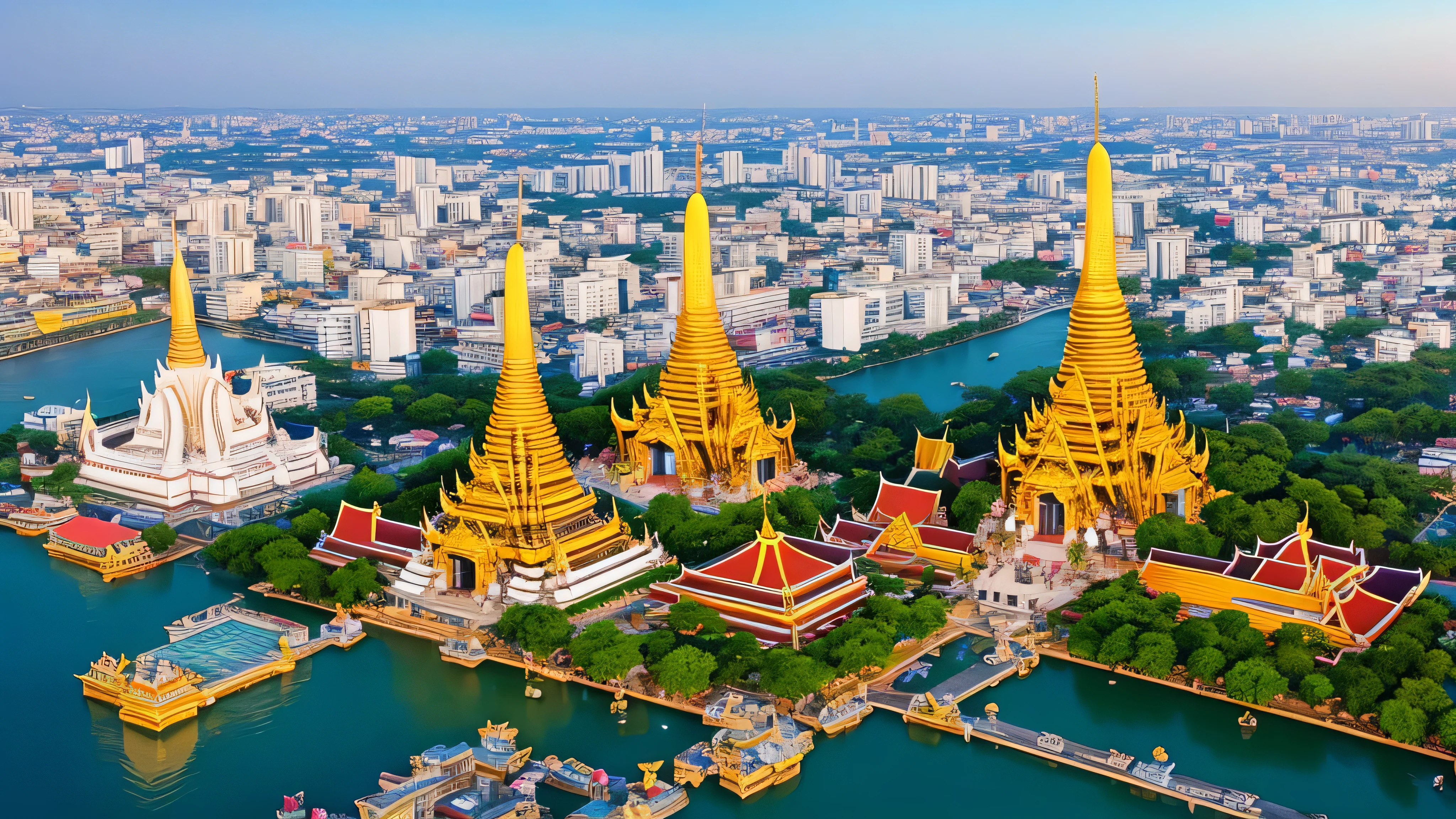 An anime-style aerial view of Bangkok, with a focus on the glittering Wat Arun temple at the heart of the city.
The intricate details of the temple's architecture are highlighted in gold, standing majestically along the riverbank.
The surrounding cityscape basks in the bright, clear sky, showcasing a harmonious blend of tradition and modernity.