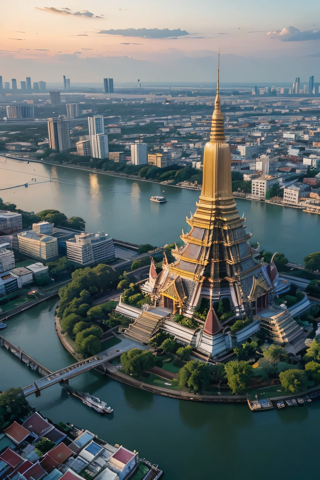 An anime-style aerial view of Bangkok, with a focus on the glittering Wat Arun temple at the heart of the city.
The intricate details of the temple's architecture are highlighted in gold, standing majestically along the riverbank.
The surrounding cityscape basks in the bright, clear sky, showcasing a harmonious blend of tradition and modernity.