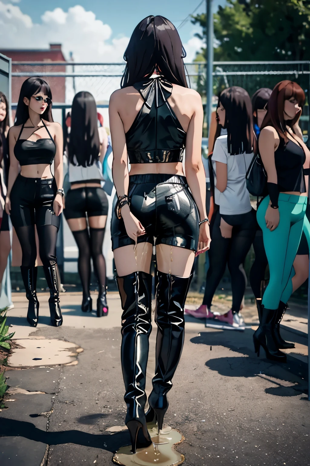 anime, best quality, high quality, highres, beautiful women, high detail, good lighting, lewd, hentai, (((bike shorts))), (leather halter top), (bare midriff), (cameltoe), (((leather thigh high heel boots))), (wet shorts), (((wetting herself))), (((peeing herself))), (((peeing self))), (pee streaming down legs), peeing stain, (puddle), (thick thighs), nice long legs, lipstick, detailed face, pretty face, humiliated, embarrassed, ((outdoors waiting for bathroom with line of women in queue)), hihelz, (view of butt)