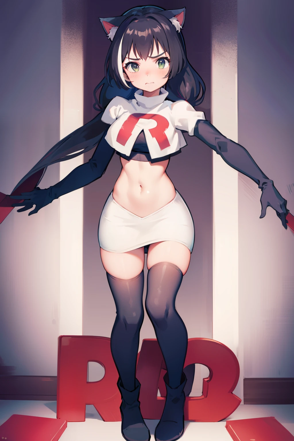 karyl,low twintails, twintails, cat tail,team rocket,team rocket uniform,white skirt,red letter R,crop top,black thigh-highs,black elbow gloves