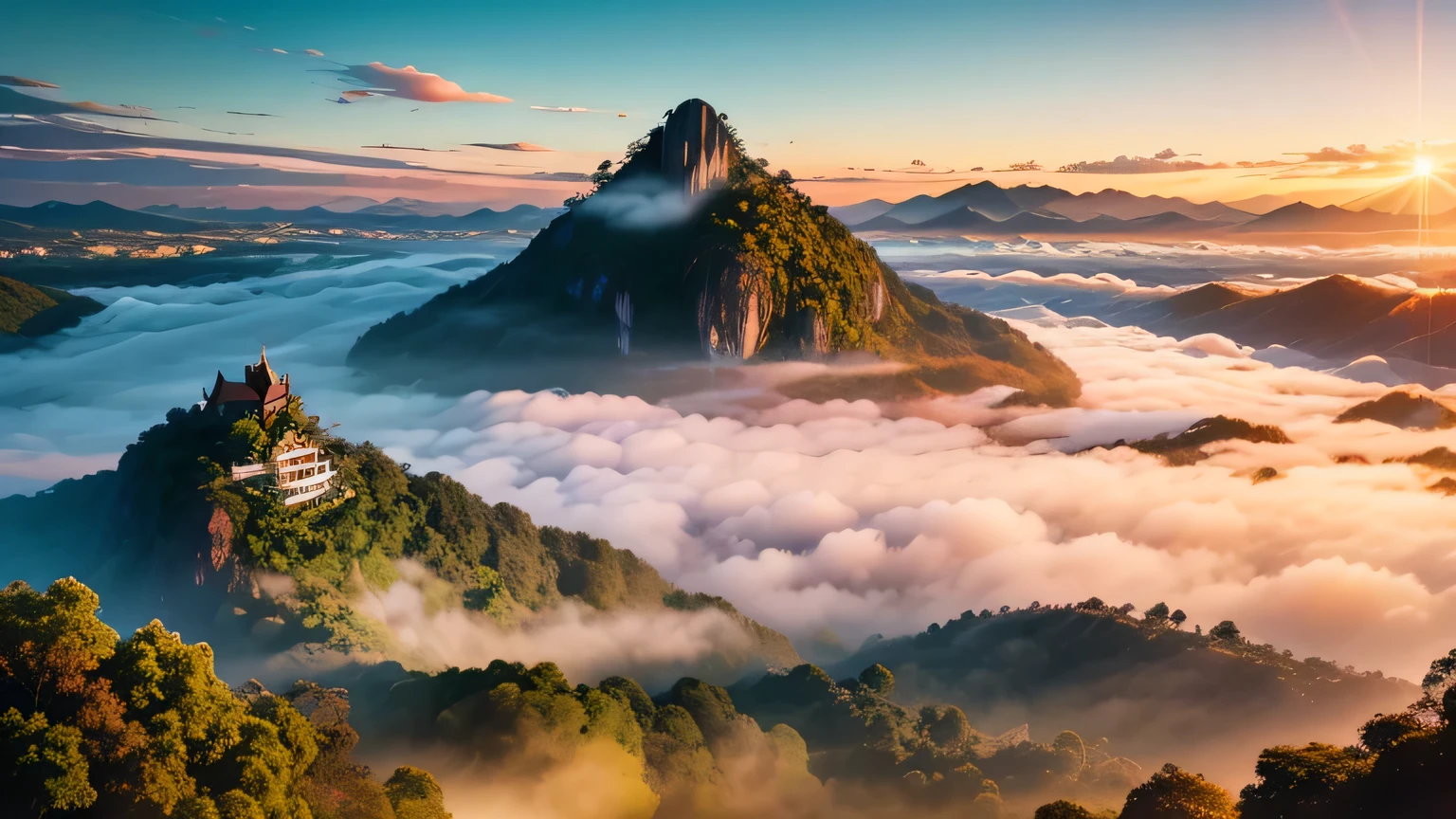An anime-style panoramic drone shot captures the serene beauty of Chiang Rai's lush green mountains, enveloped in a gentle sea of mist at dawn.
Strawberry fields add vibrant patches of red to the landscape, contrasting with the verdant hues.
Above, the sky is a clear, brilliant blue, with the rising sun casting a soft, golden light that illuminates the scene with a dreamy glow.