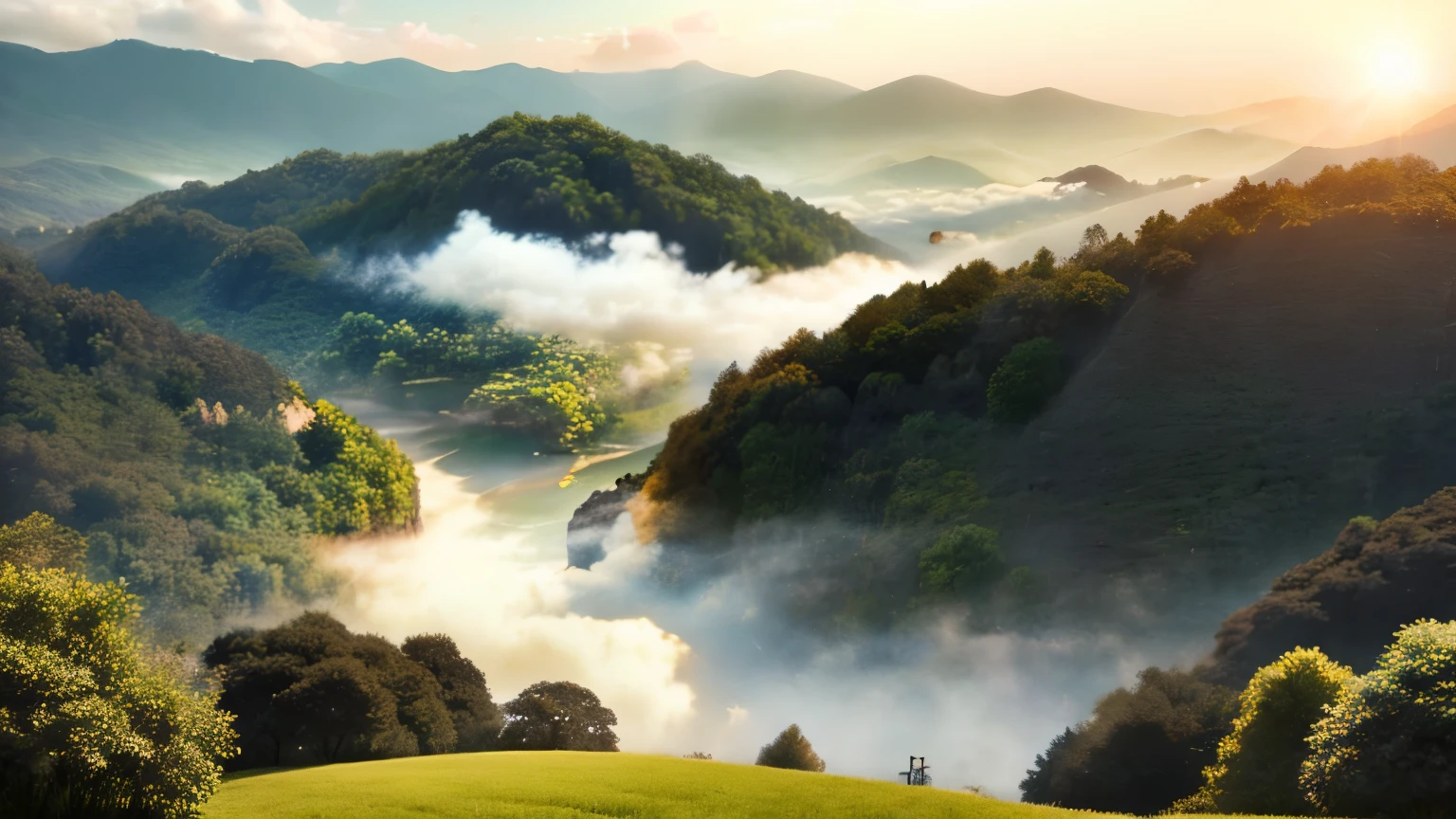 An anime-style panoramic drone shot captures the serene beauty of Chiang Rai's lush green mountains, enveloped in a gentle sea of mist at dawn.
Strawberry fields add vibrant patches of red to the landscape, contrasting with the verdant hues.
Above, the sky is a clear, brilliant blue, with the rising sun casting a soft, golden light that illuminates the scene with a dreamy glow, And Kirby is somewhere.