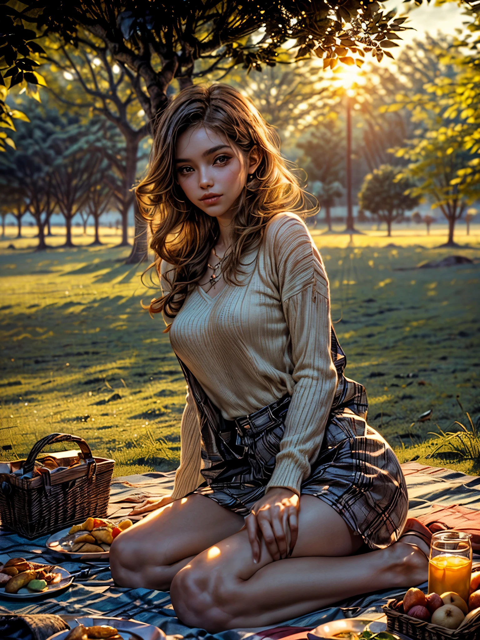 (((dos personas jovenes 1 hombre y 1 mujer heterosexuales:1.5)), ((hermosos y alegres, picnic, 1 canasta con comida y bebida en el suelo, la pareja de jovenes sentados en una manta hermosa y colorida en el cesped: 1.5 ))), (hiperdetallado: 1.3), ((ropa casual estilo sombrero de campo, adornos para el cabello, plano completo: 1.5)), ((Hermosa mujer con cabello brillante y estilo hiperdetallado: 1.3)), ((sunset background a beautiful landscape behind: 1.3 )))((dream atmosphere, soft and magical light:1.3)), ((Imaginative scene light particles falling from dreamy sky)), ((Rostros y cuerpos perfectos meticulosamente detallados:1.3)), ((plano general: 1.4 ) ) ,((mejor calidad) ), ((obra maestra)), 3D, , (((atardecer:1.2))), (fotorrealista :1.4), ((Front Camera)), (sonriendo alegremente), ((cinematic lighting:1.2)),. 32k.