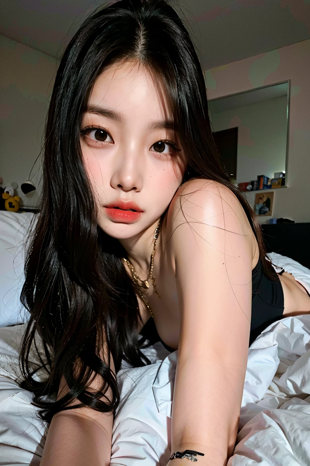 there is a woman lying on a bed with a white sheet,  coreana, Asian girl, beautiful asian, 18 anos de idade, Linda jovem coreana, asian features, young cute wan Asian face, linda mulher sul-coreana, Asian face, olhos do quarto, Linda jovem coreana, young lovely korean face, young asian, Southeast Asian with round face , jennie blackpink 